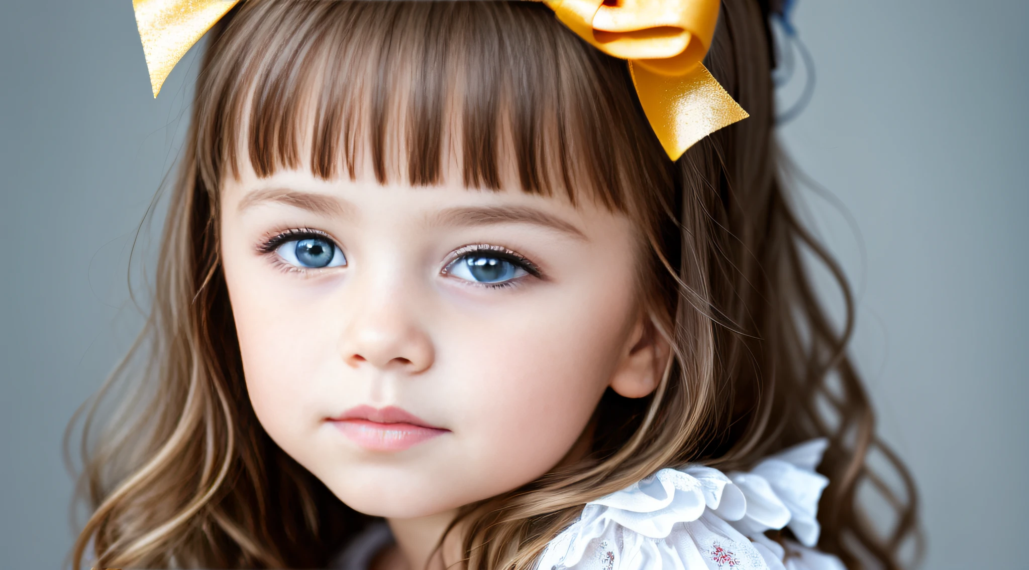 Russian style, girl children, photo studio white infinite background, close-up, bust, portrait, long blonde hair and giant bow BLUE on head