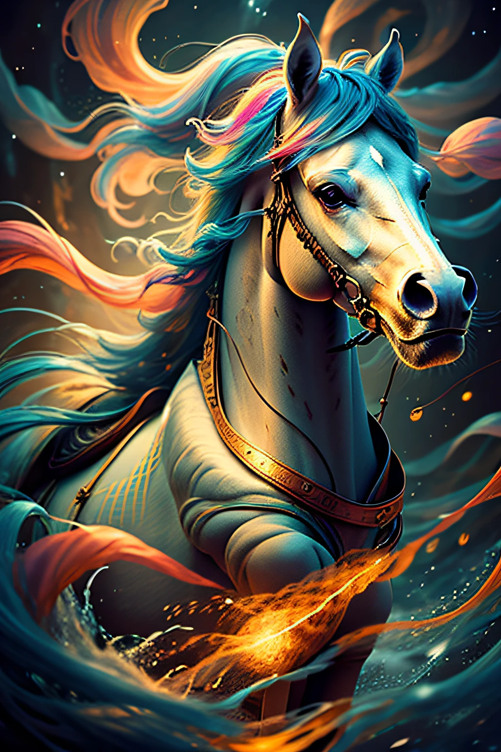a painting of a colorful horse on a black background, breathtaking render, within a radiant connection, inspired by Kinuko Y. Craft,, magical elements, wow, The are beautiful, casting a multi colorful spell, bright flash, flash