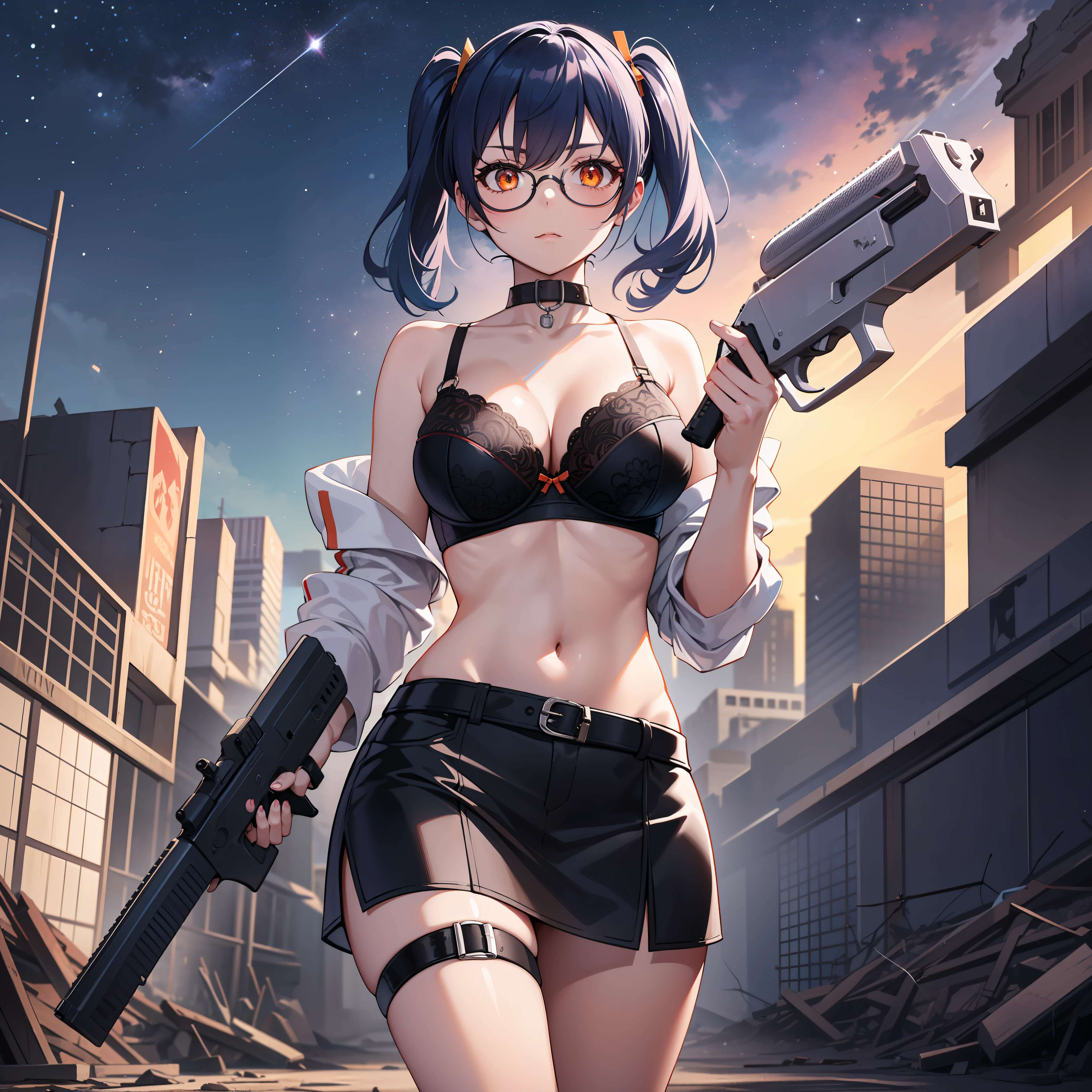 Thirty year old woman, glare, short blue hair With white lines In the middle, in two pigtails, orange eyes, wearing transparent glasses, bra and Black miniskirt, holding a long firearm, Stylized in our ruins, night sky