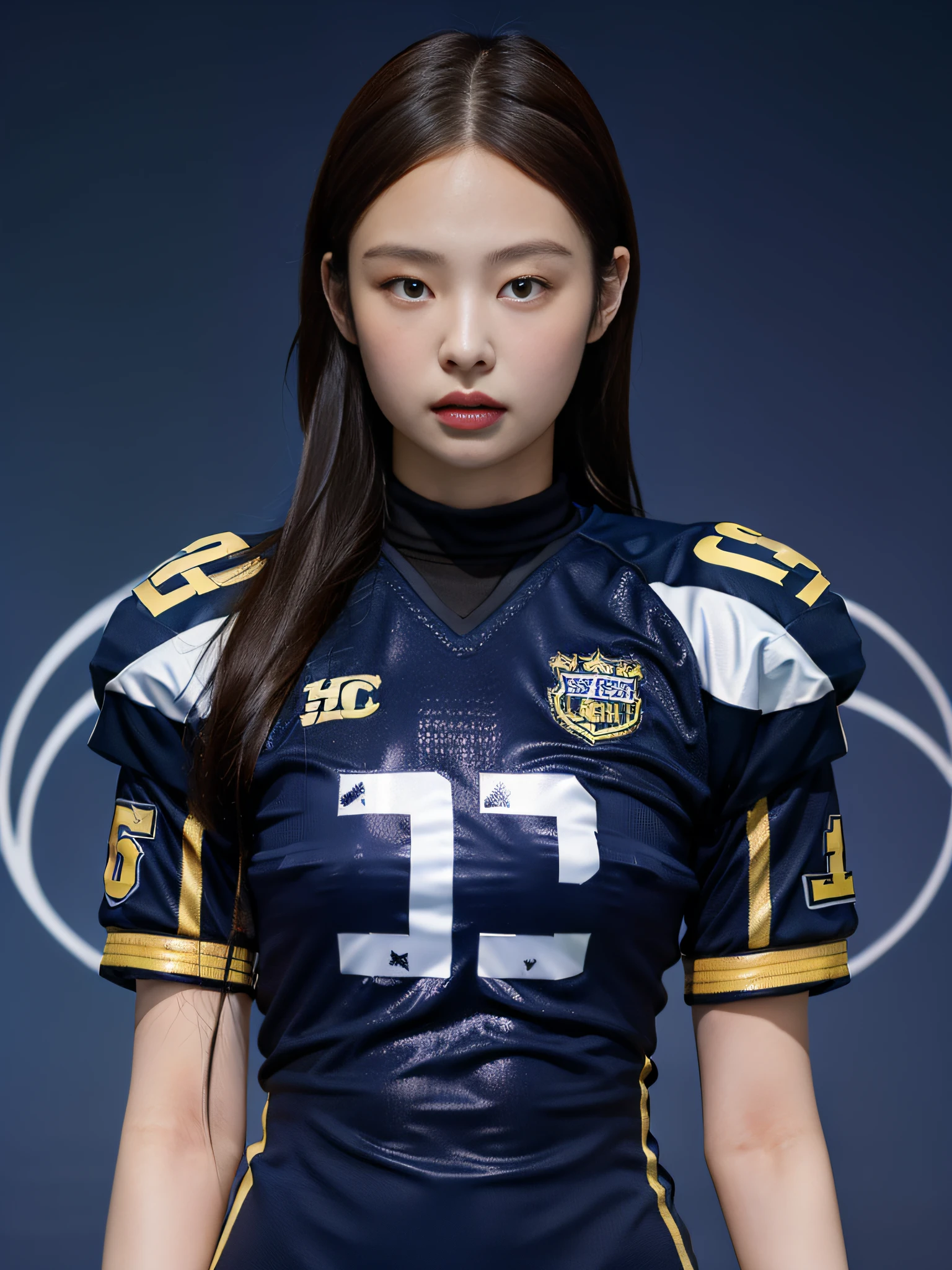 Masterpiece, superlative, realistic, Jennie wearing trendy football uniform, HD, photography and lighting, 16k