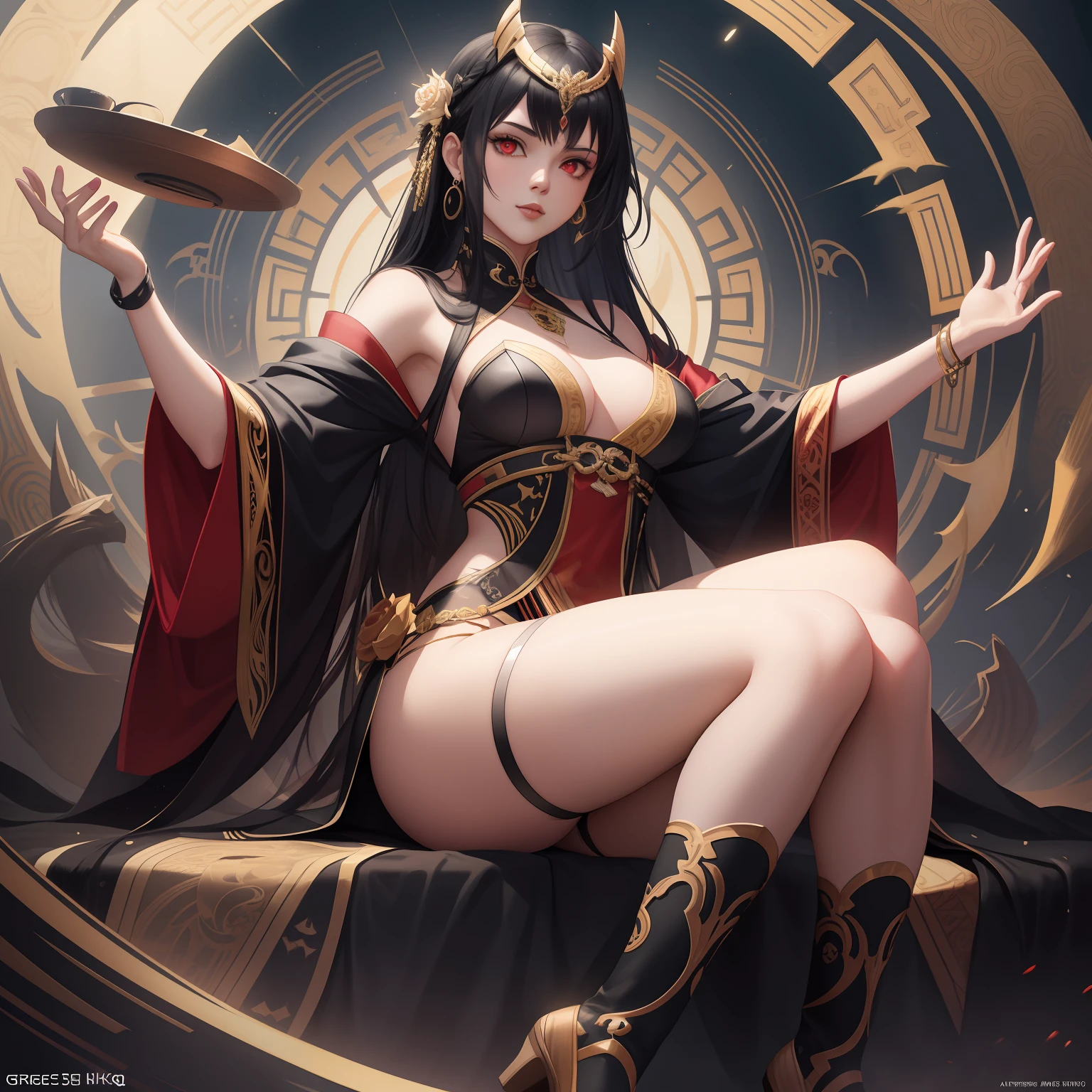 ((full body)) 35 year old, dark emperor woman with black hair, dark and red eyes, woman in empress clothes with black and gold and red coloring, sitting in the black sun and having a sinister and beautiful face, 4k, unreal engine, intricate, highly detailed, beautiful lighting, light fog, 8k, trending at Artstation, professional, dramatic, illustration, art by Artgerm and Greg Rutkowski and Alphonse Mucha, award-winning portrait, f/22, symmetrical , dynamic poses.