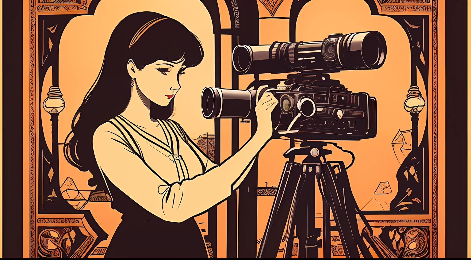 There is a poster with cartoon drawing of classical camera, a beautiful woman is drawing classical camera, classical camera, large format camera, poster illustration, poster design, illustration poster, festival, beautiful artwork illustration, digital illustration poster, 5d --auto