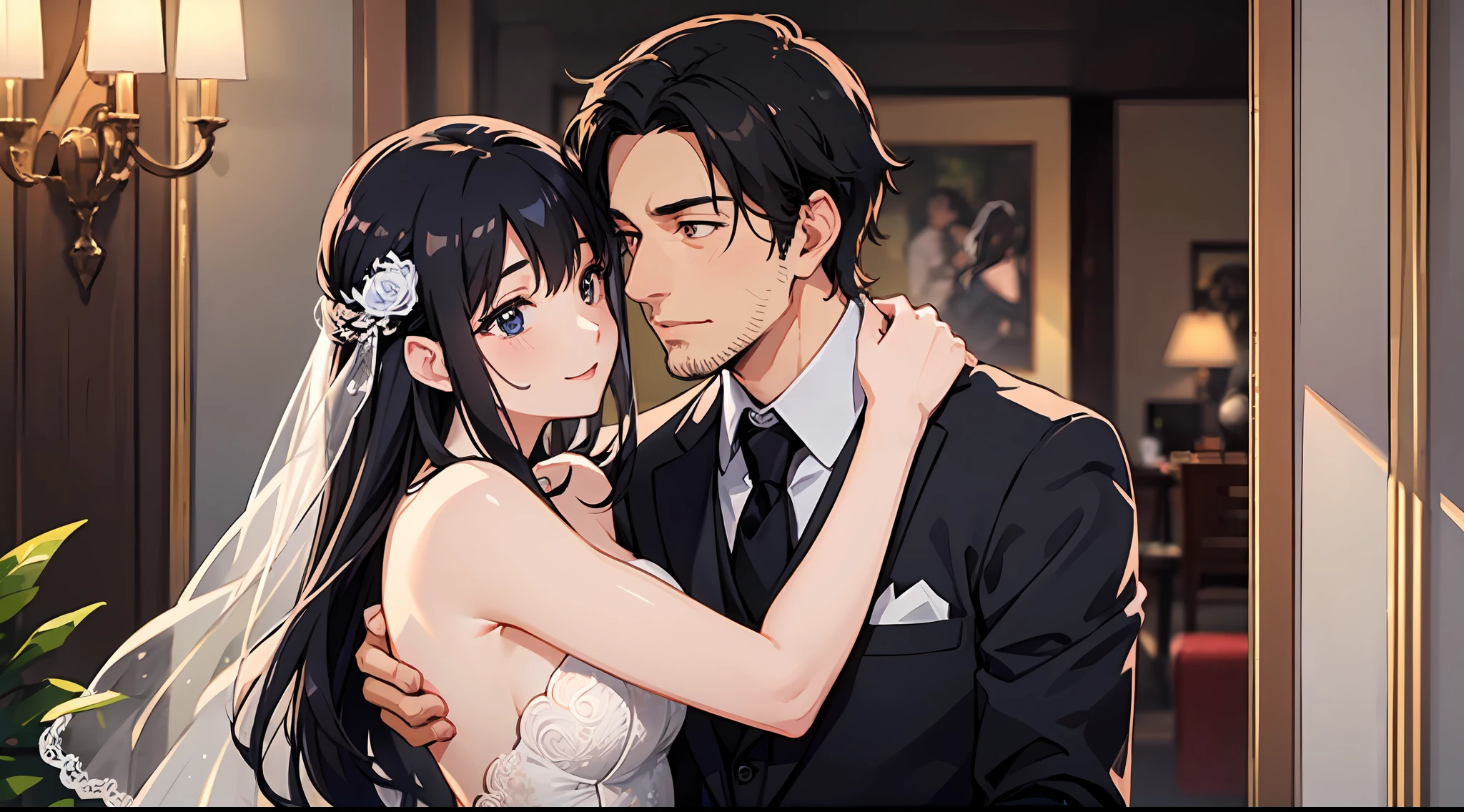 Middle-aged anime man, handsome middle-aged man, short hair, a little stubble, wearing a suit, a middle-aged woman, a beautiful middle-aged woman with long hair, black hair, wearing a wedding dress, hugging each other, very happy, in a luxurious villa, looking at the audience, taking wedding photos,