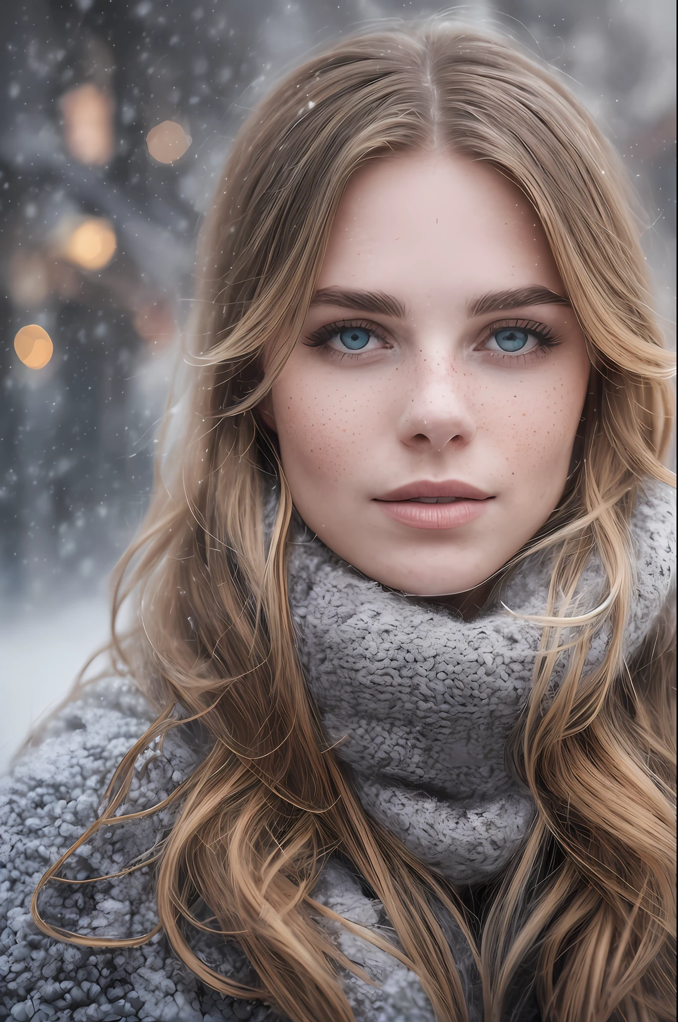 professional portrait photograph of a gorgeous Norwegian girl in winter clothing with long wavy blonde hair, sultry flirty look, (freckles), gorgeous symmetrical face, cute natural makeup, wearing elegant warm winter fashion clothing, ((standing outside in snowy city street)), stunning modern urban environment, ultra realistic, concept art, elegant, highly detailed, intricate, sharp focus, depth of field, f/1. 8, 85mm, medium shot, mid shot, (((professionally color graded))), bright soft diffused light, (volumetric fog), trending on instagram, hdr 4k, 8k