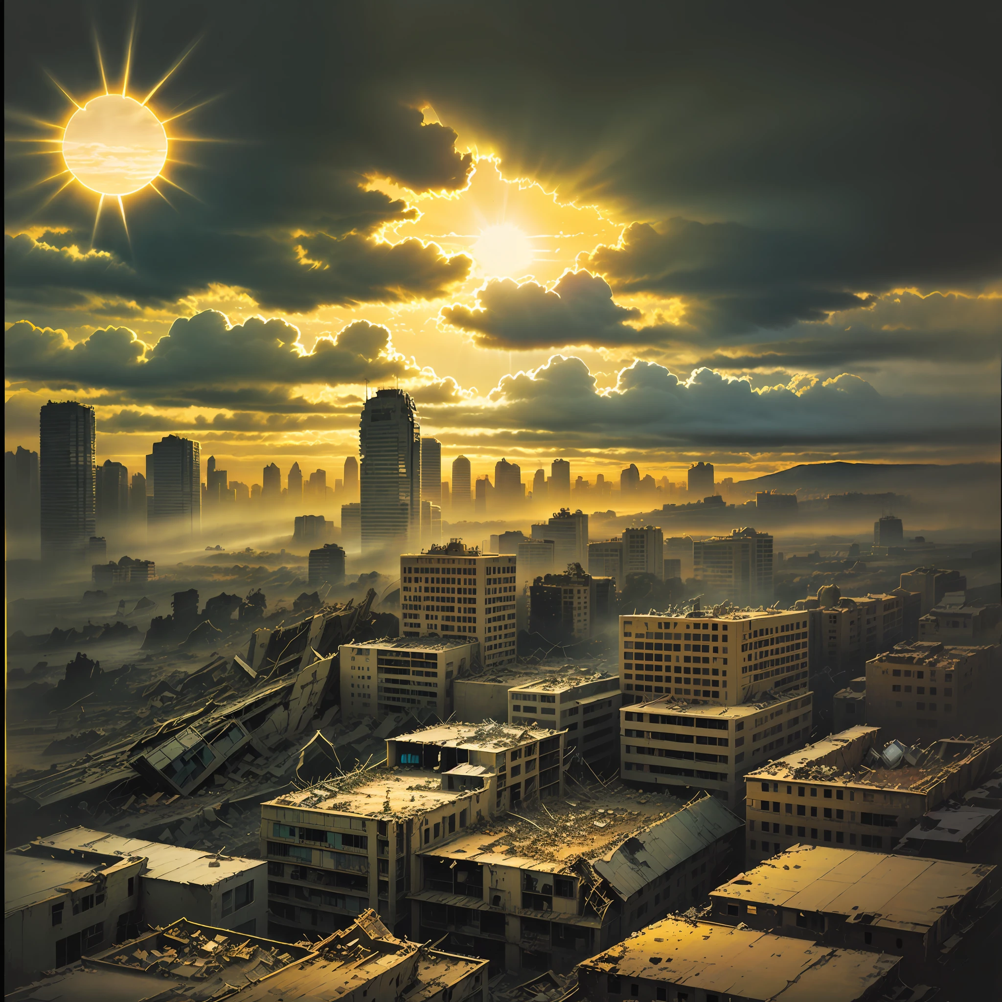(Masterpiece),(maximum quality),(collage+old frame),(destroyed city),(apocalypse),(dark clouds),(strong sun),(grainy texture),(warm colors),(yellowish light),(high saturation)