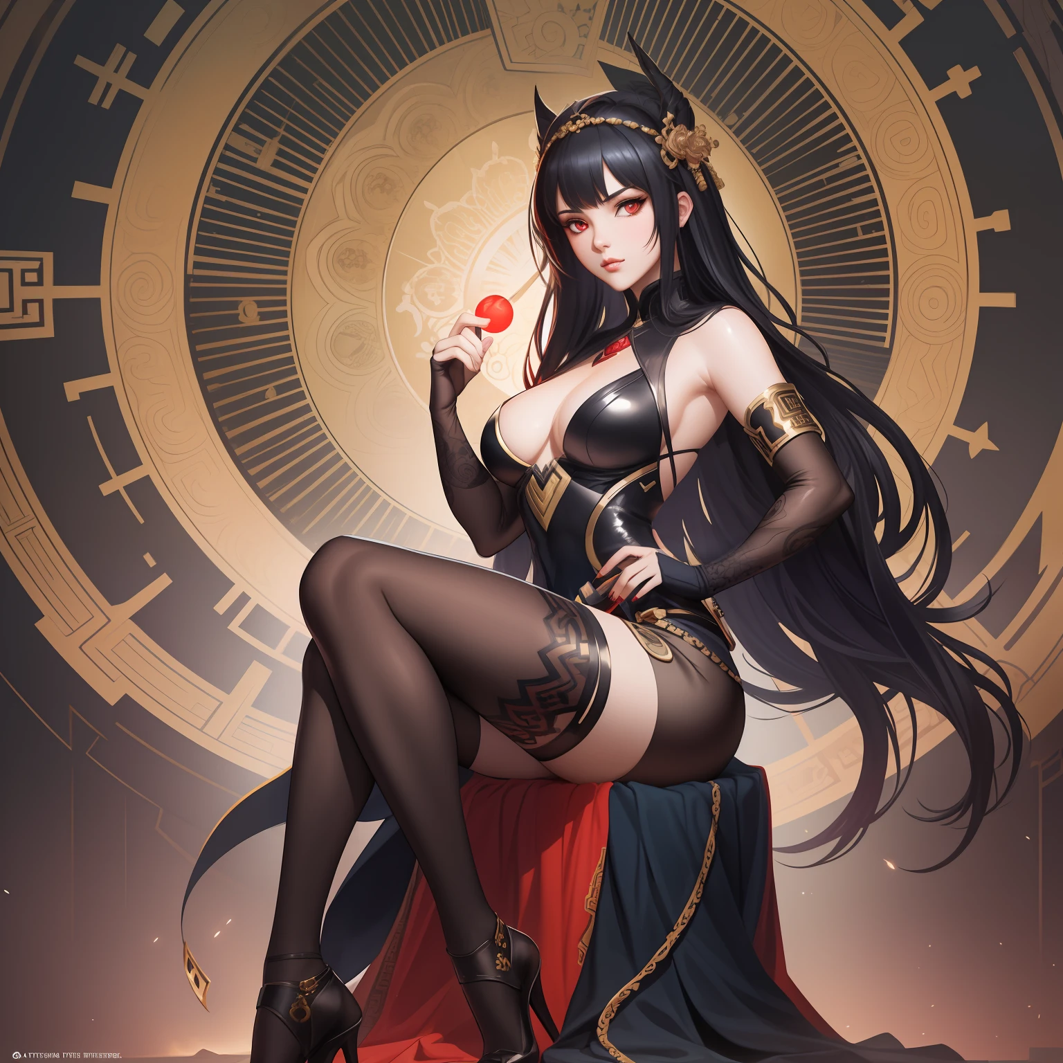 ((full body)) 35 year old, dark emperor woman with black hair, dark and red eyes, woman in empress clothes with black and gold and red coloring, sitting in the black sun and having a sinister and beautiful face, 4k, unreal engine, intricate, highly detailed, beautiful lighting, light fog, 8k, trending at Artstation, professional, dramatic, illustration, art by Artgerm and Greg Rutkowski and Alphonse Mucha, award-winning portrait, f/22, symmetrical , dynamic poses.