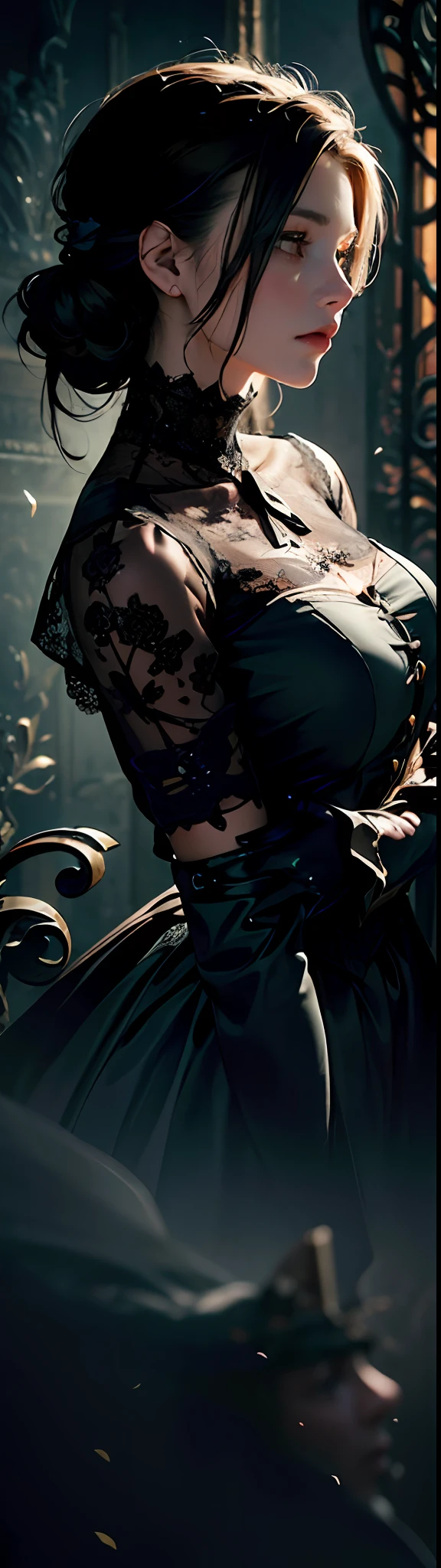 (Fidelity: 1.5), Official Art, Unity 8k Wallpaper, Ultra Detailed, Beautiful, Beautiful, Masterpiece, Best Quality,
darkness, atmosphere, mystery, romanticism, creepy, literature, art, fashion, victorian, decoration, intricacies, ironwork, lace, contemplation, emotional depth, supernatural,
1 girl, solo, neck, bust composition, fantasy