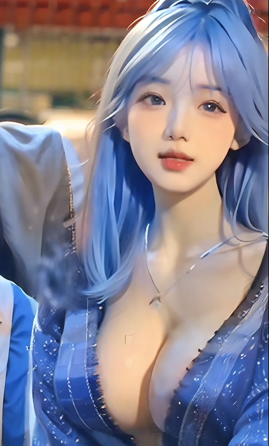 (8k, RAW photo, photorealistic:1.25) ,( lip gloss, eyelashes, glossy side, blue-gray hair, big breasts, shiny skin, best quality, ultra-high resolution, depth of field, chromatic aberration, caustic, wide light, natural shadow, Kpop idol) Watch the audience with serenity and goddess-like happiness,