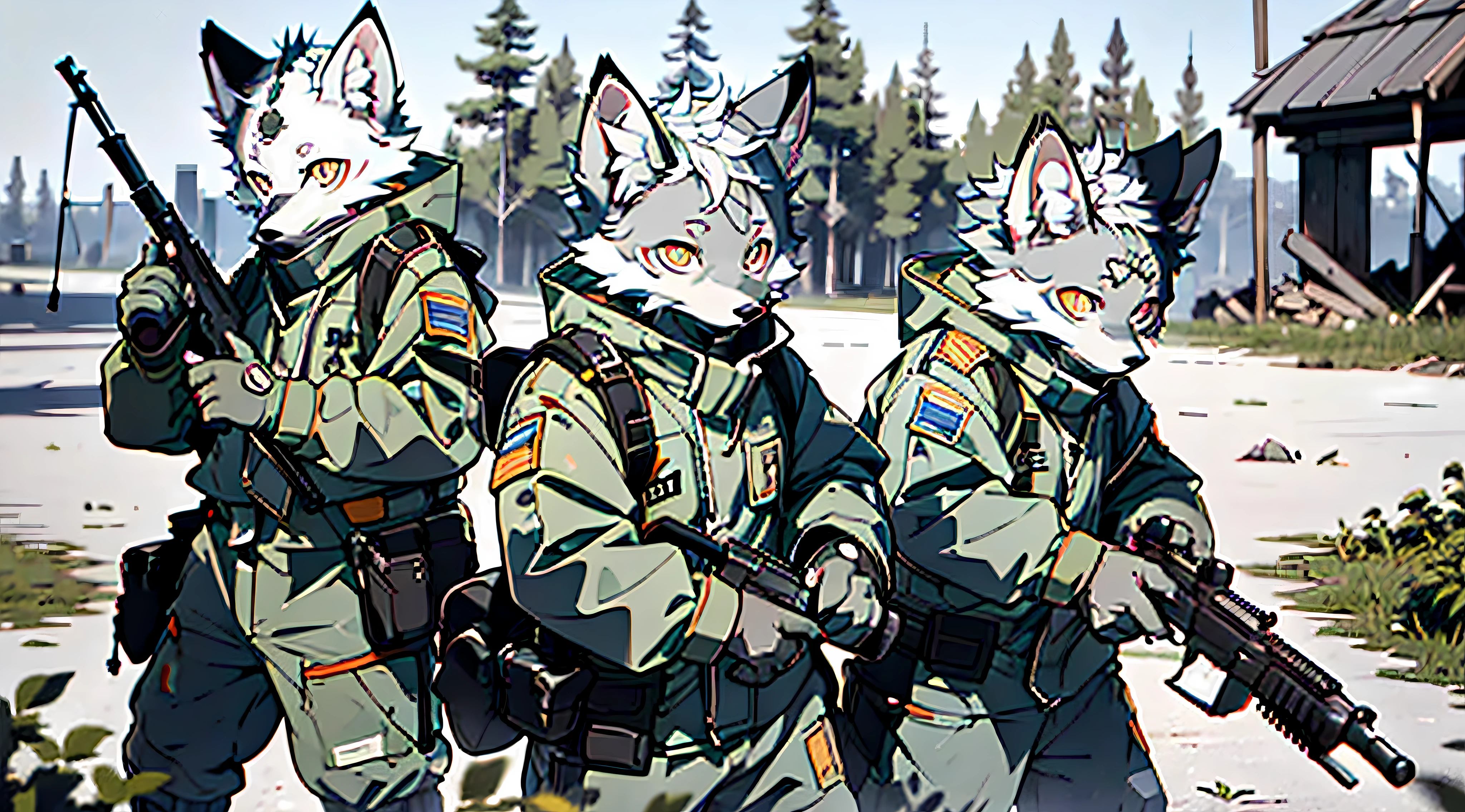 (Best Image Quality), ((Sharpen 1.2)), (Masterpiece), 4K Resolution, Ultra Clear, Visible Lines, (((Single))), (Ultra Detailed), (Furry), Full Body Furry, Furry, (Male Arctic Fox: 1.5), (Grey Skin: 1.3), (Gray Fur: 1.3), (Golden Eyes), ((Canine Paws)), ((Gray Paws)), (Grey Ears), Sharp Focus, (Furry Animal Ears), Wearing Soldier Gear, in bulletproof vests, soldiers' helmets, gas masks, rifles on their backs, on the ruins of the battlefield