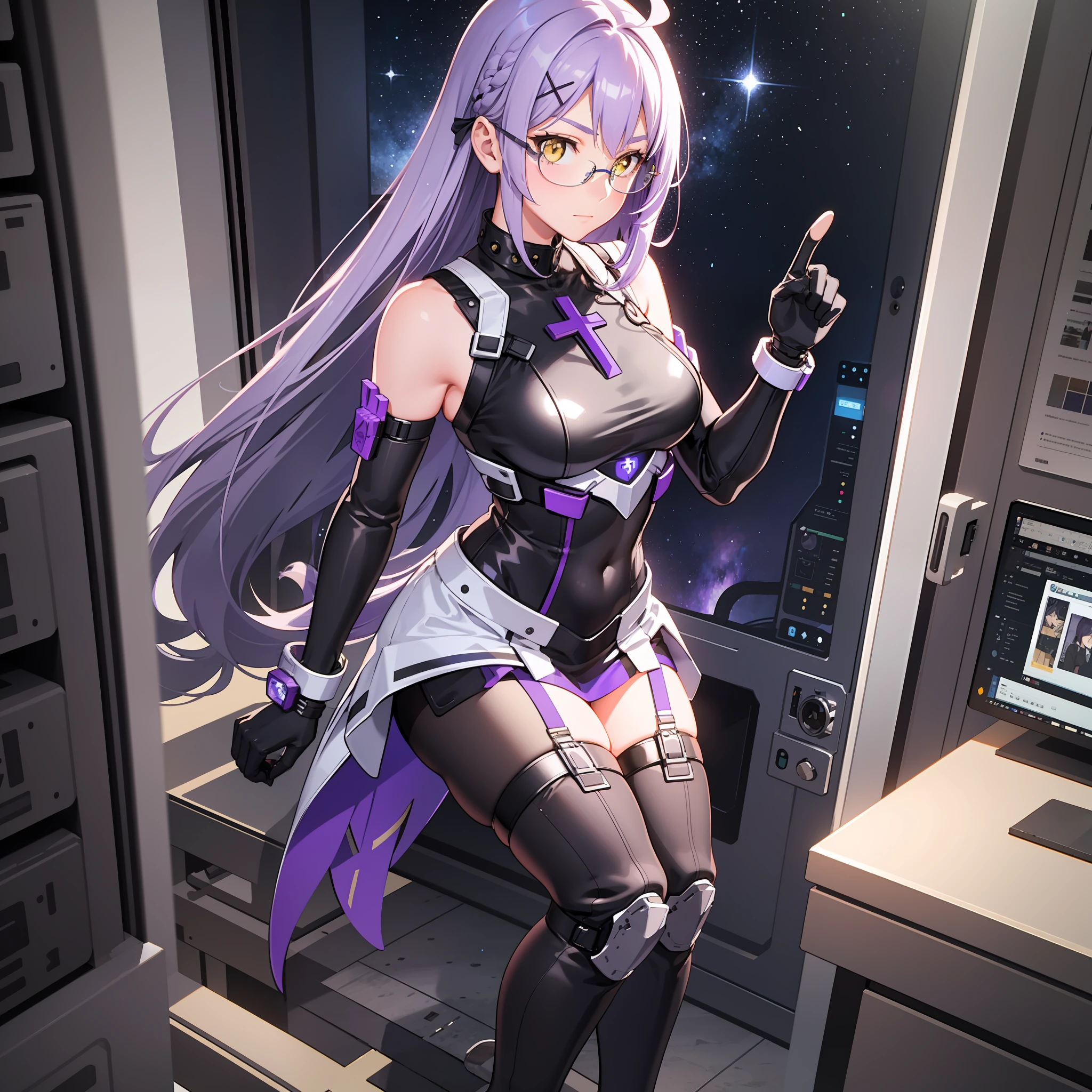 complex anime 3d render ultra detailed, (((masterpiece))), (((best quality))), ((ultra-detailed)),(3D Cartoon rendering),(from side),cinematic light,((solo mechanical girl,alone)),({best quality}),(Ultra Fine),(full detail),delicate youthful face,well_developed curves,hourglass_figure,perspective,beautiful_face,high_quality_outfits,futuristic_outfits,silght_blush,full_body,full detail face,protective outfits,Honkai_Impact,scientist,anatomical,Ray Tracing;

(purple hair:1.5),indigo hair tips,two strand of deev violet hair framing face,violet ahoge, (waist-length flowy hair sorted into two parts on back),(one cross-shaped white mechanial hairpin at left side,pointing upwards);(crystal clear yellow eyes:1.6, x-shaped pupil),yellow goggle eyeglasses,golden hexagob star necklace

Futuristic dress outfit,mechanic gadgets,elegant and modest outfits,black collar,black long slender sleeves,black arm bracers,white bracelets,black gloves,white tanktop with violet lines,black mechanic corset with a pair of golden buttons,electric circult pattern on corset,violet zipper,violet traces,metalic waistband with four gadget holsters,violet waistband,(white scifi armor knee-length skirts,knee-length asymmeric segmented hems),(black streamline plain tassets),violet knee-length dress,black shorts,(black and violet pantyhose),golden gartener belt around left leg,silver waistband with gadget holsters,knee bracers;silver mechanic boots,heeled boots; White mechanic backpack on back;

calm expression,vigilat gaze,stretching hands,standing,looking forwards

Alone in white scifi command room with toolstands,standing in a spaceship,beside a workbench,starry sky visble through window in background, (starry sky:1.2),dreamy, [[delicate fingers and hands:0.55]:0.85],(detailed fingers)