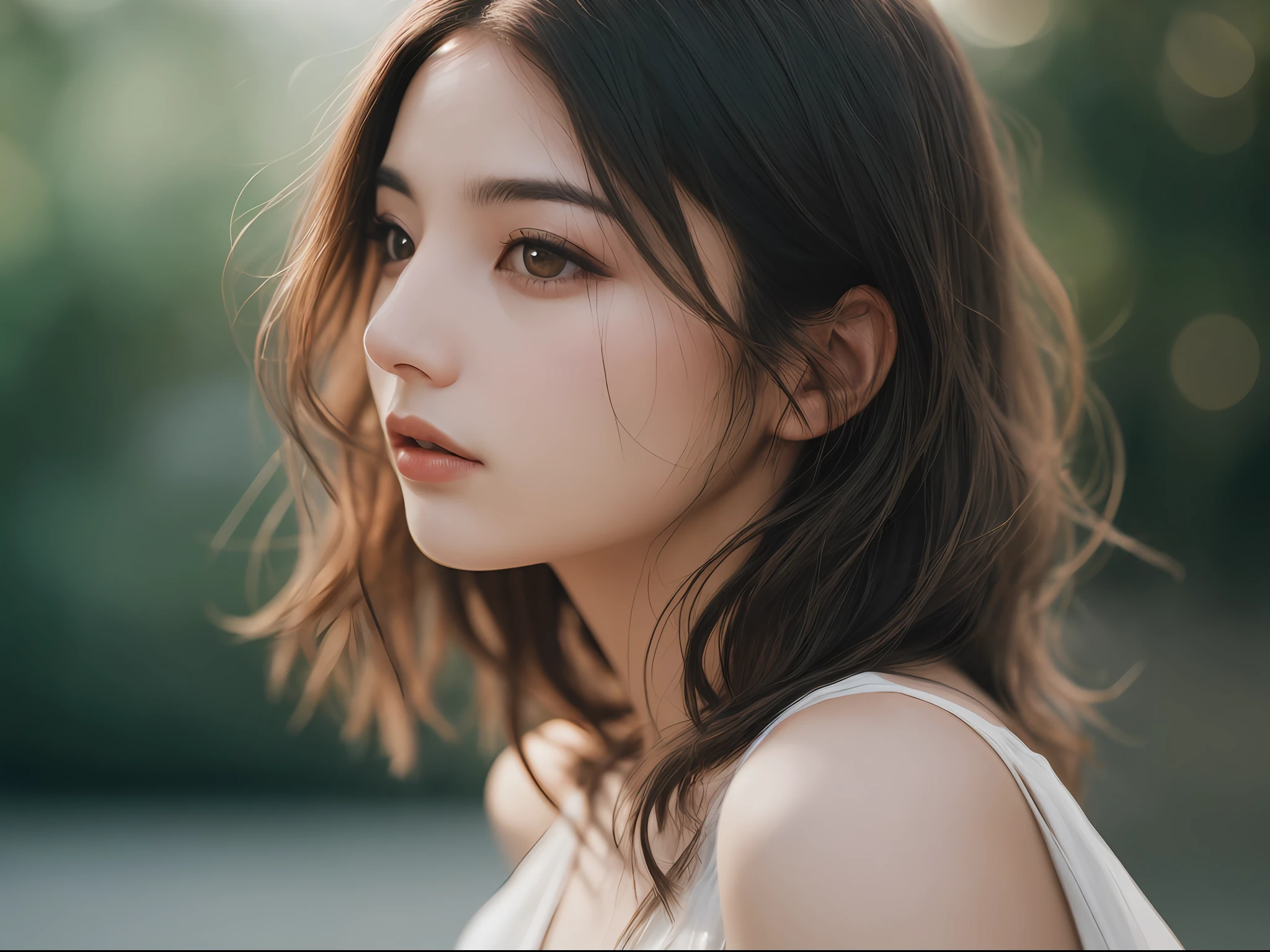 filmg, film portrait photography, 1girl, bare shoulders, wavy shoulder-length hair, serene, calm, (realistic detailed eyes, natural skin texture, realistic face details), soft dramatic lighting, depth of field, bokeh, vibrant details, finely detailed, hyperrealistic, 35mm film, hazy blur