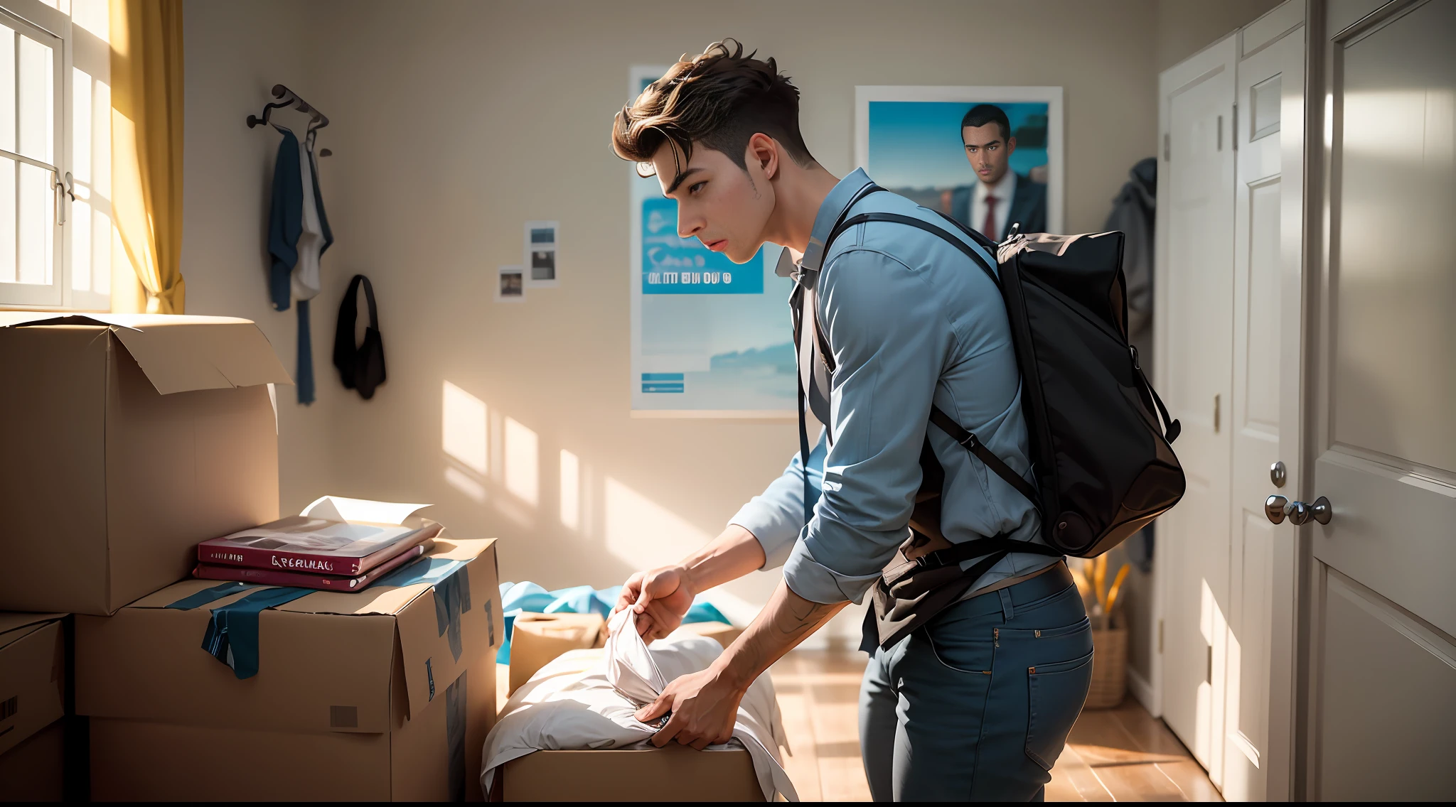 A young man, with an anxious expression, busily packing his luggage and preparing to go back to the house to pack his luggage in the living room