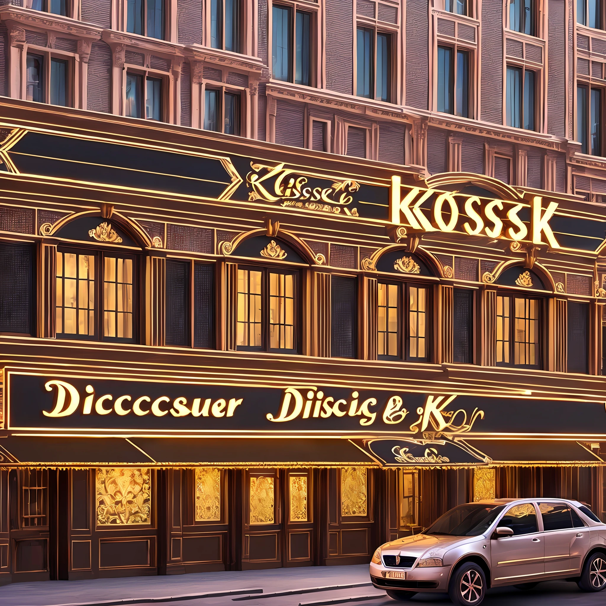 Russian discotheque facade. Marquee with the word “Kosak”. 8k. Ultra high detailed.