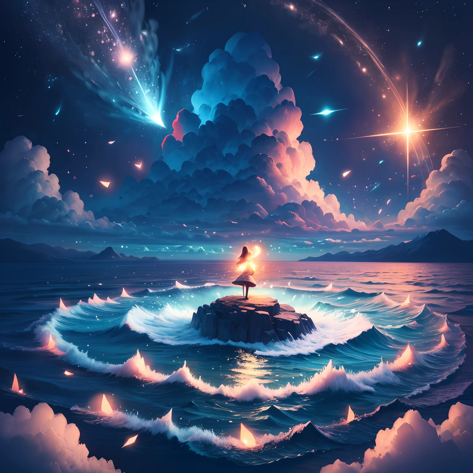 尺寸2560*1080,The sea,yama,Starry sky elements,comic pinup style,Dreamlike,The colors are bright, --auto