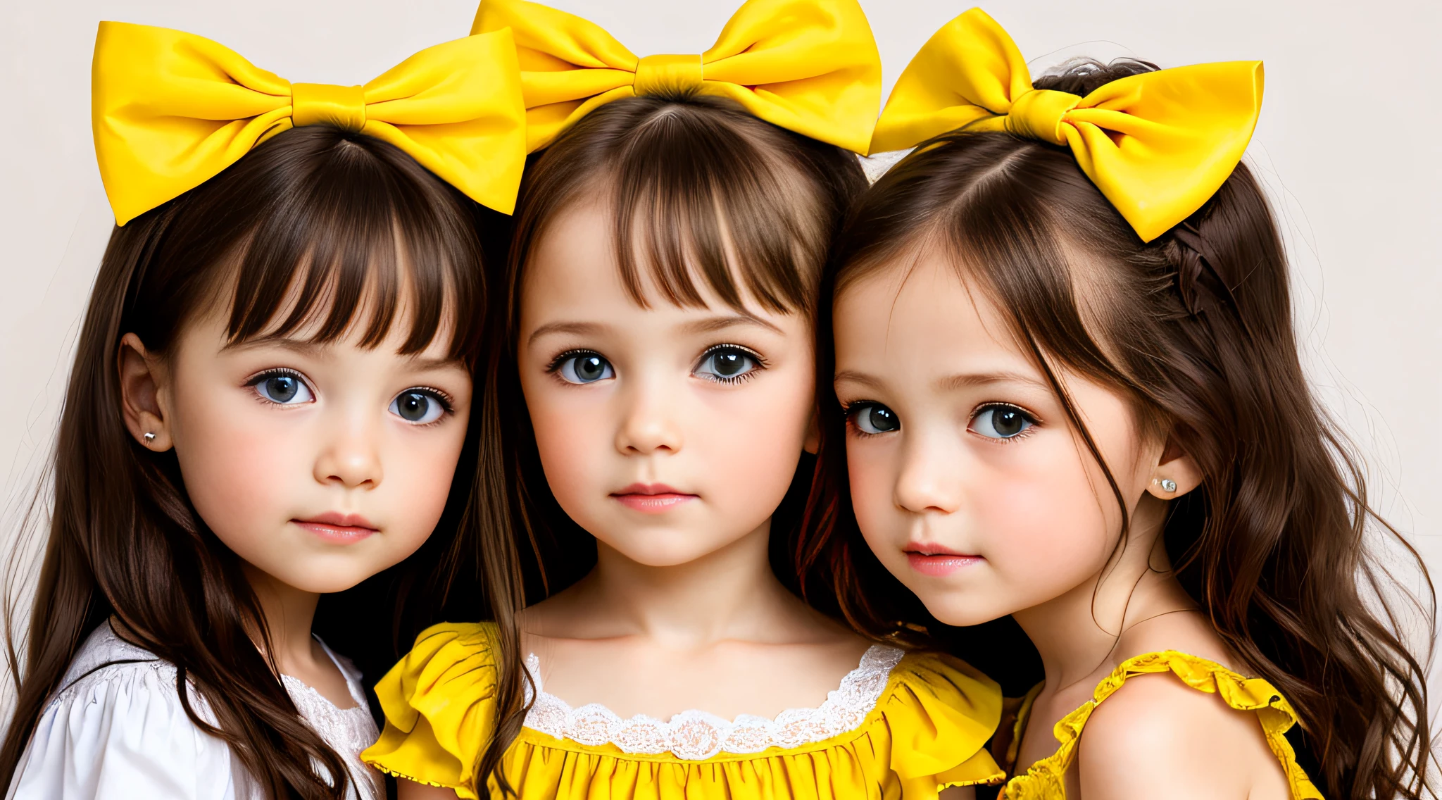 Russian style, girl children, photo studio white infinite background, close-up, bust, portrait, long blonde hair and giant bow YELLOW on head