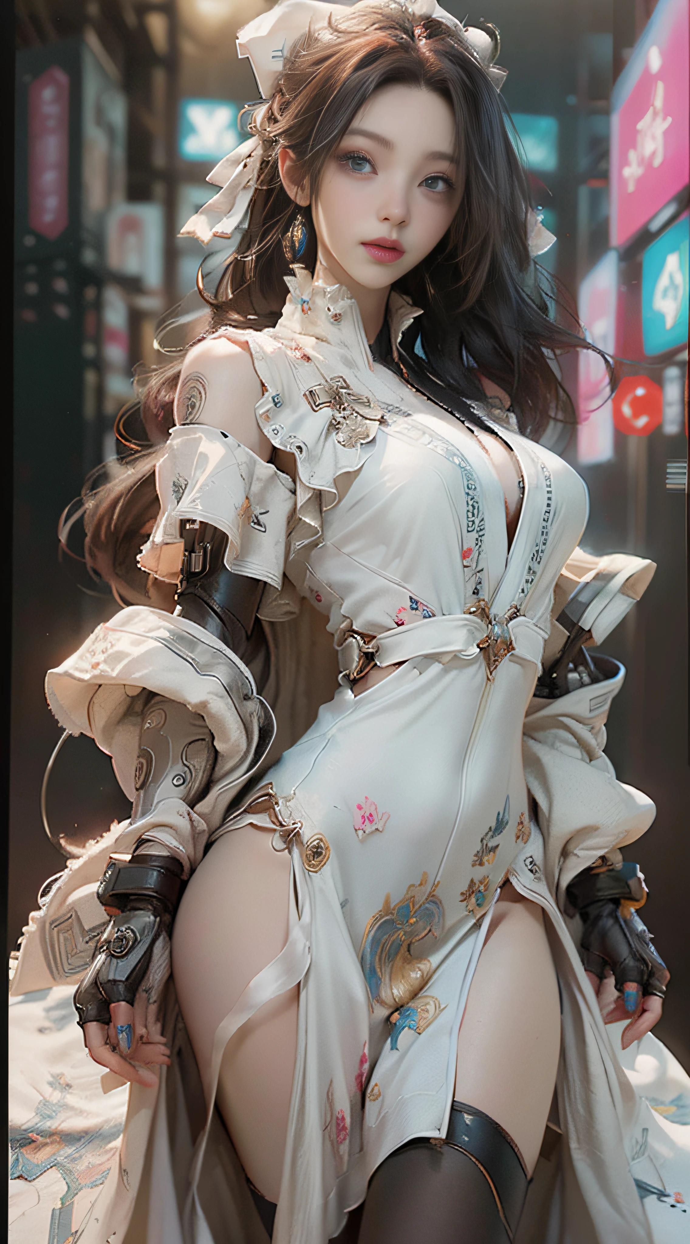 ((best best quality)), ((MasterPiece)), (Detail:1.4), 3D, A beautiful cyberpunk female image,HDR(high dynamic range),RayTrace,nvidia rtx,The ultra-Resolution,Unreal 5,Subsurface scattering、pbr texturing、postprocessing、Anisotropic Filtering、depth offield、Maximum Clarity and Clarity、Many-Layer Textures、Albedo and Specular map、Surface coloring、Mitsu-Accurate simulation of material interactions、Perfect Scale、octanerendering、Two-colored light、large aperture、low ISO、white balance、Rule of Thirds、8K RAW、beautiful bright pupils,flowing robe,Fine pupils,Detailed face and eyes,Long Lashes,Blushlush,voluminous hair,Tender red lips