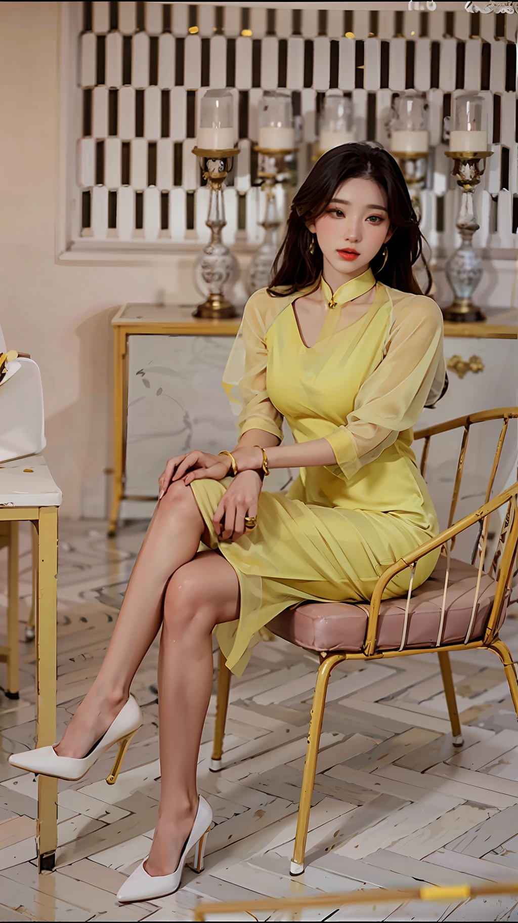 araffe woman in a yellow dress sitting on a chair, lady using yellow dress, wearing a yellow dress, elegant yellow skin, yellow ornate dress, yellow, with yellow cloths, light yellow, yellow hue, glossy yellow, profile pic, beautiful yellow woman, hwang se - on, (((yellow))), elegant dress, yellow clothes