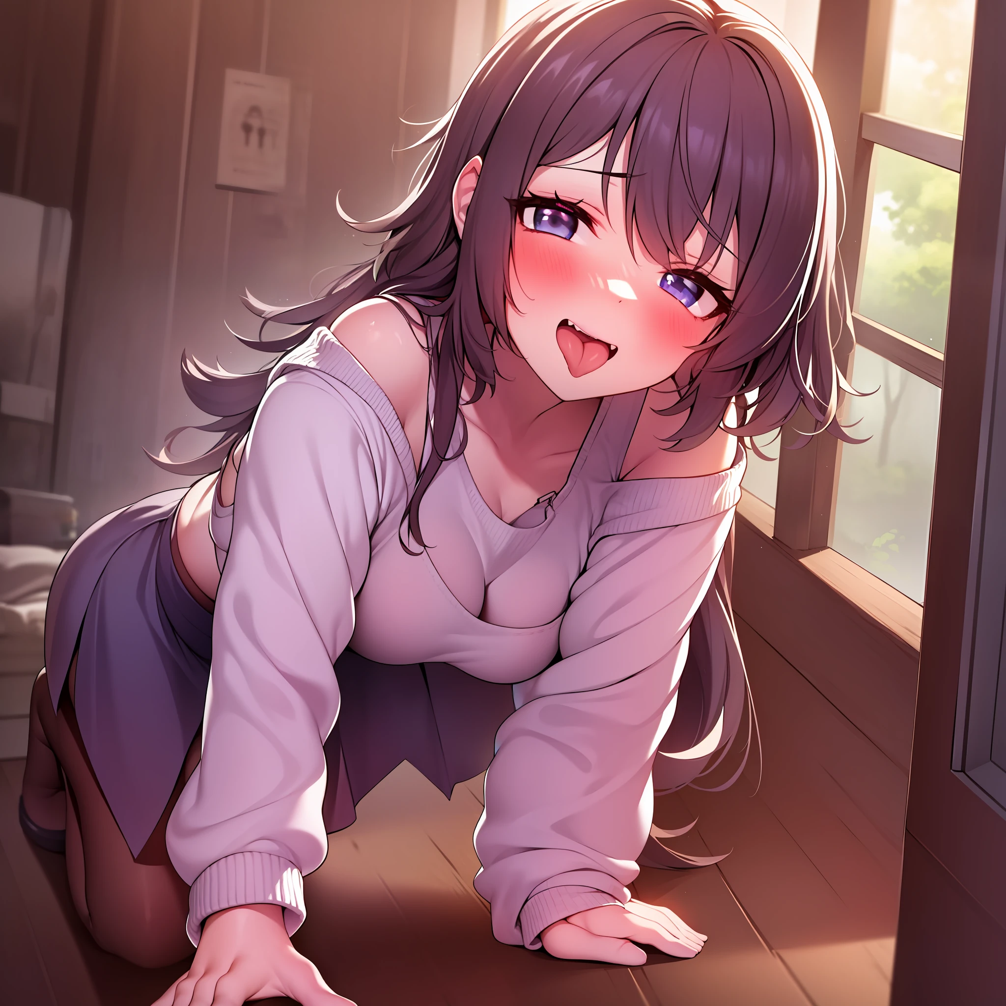cute girl, rolling eyes, sticking out her tongue, flushed face,