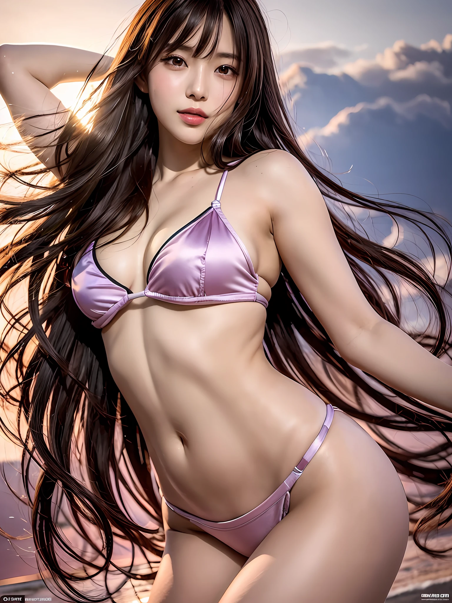 masterpiece, 1 girl per 1 photo, full body shot, directly front view, a Japanese young pretty girl, sweaty body, tanned skin, standing on a beautiful beach in the sunset with a big smile, glamorous figure, wearing a shiny satin pink micro ??????, hyper cute face, glossy lips, double eyelids in both eyes, Natural makeup, long eyelashes, shiny smooth light brown hair of long bob hair, asymmetrical bangs, central image, 8K resolution, high detail, detailed hairstyle, Detailed Face, spectacular cinematic lighting, octane rendering, vibrant, hyper realistic, perfect limbs, perfect ???????