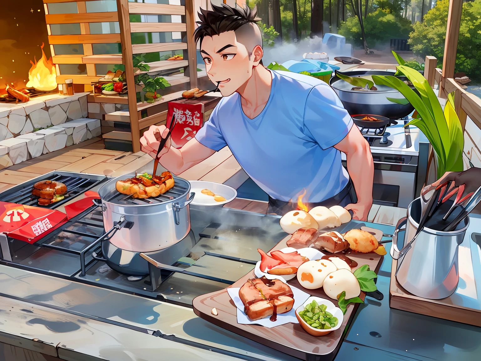 arafed man preparing food on a grill on a wooden table, barbecue, yummy, grill, cooking show, ❤🔥🍄🌪, eating outside, cooked, by Kanbun Master, handsome, 🤬 🤮 💕 🎀, profile image, handsome man, bao phan, cooking it up, # oc, #oc, a handsome