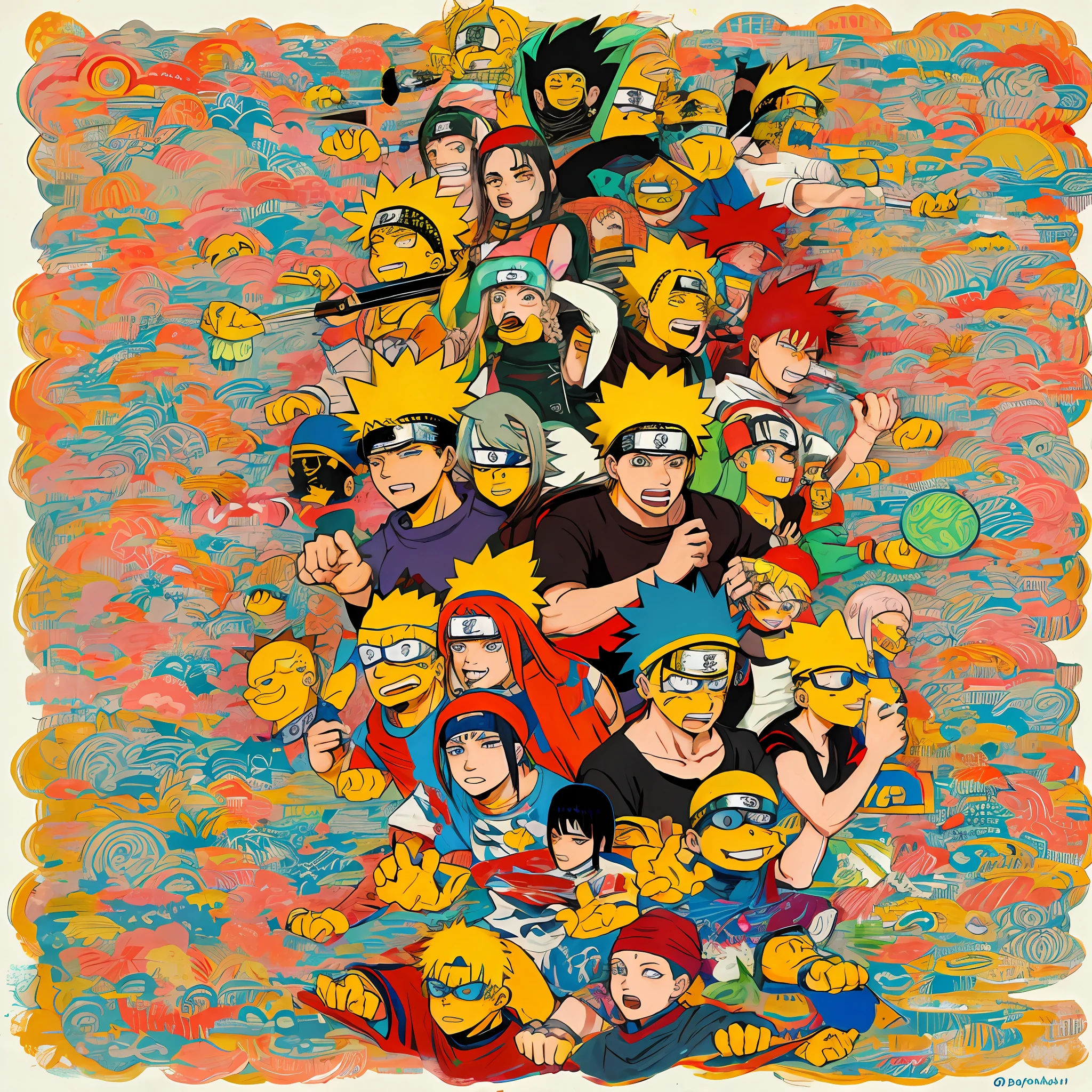 a T-shirt print of a Naruto character in the style of The Simpsons, making a summoning jutsu, surrounded by bright and vibrant chakra.