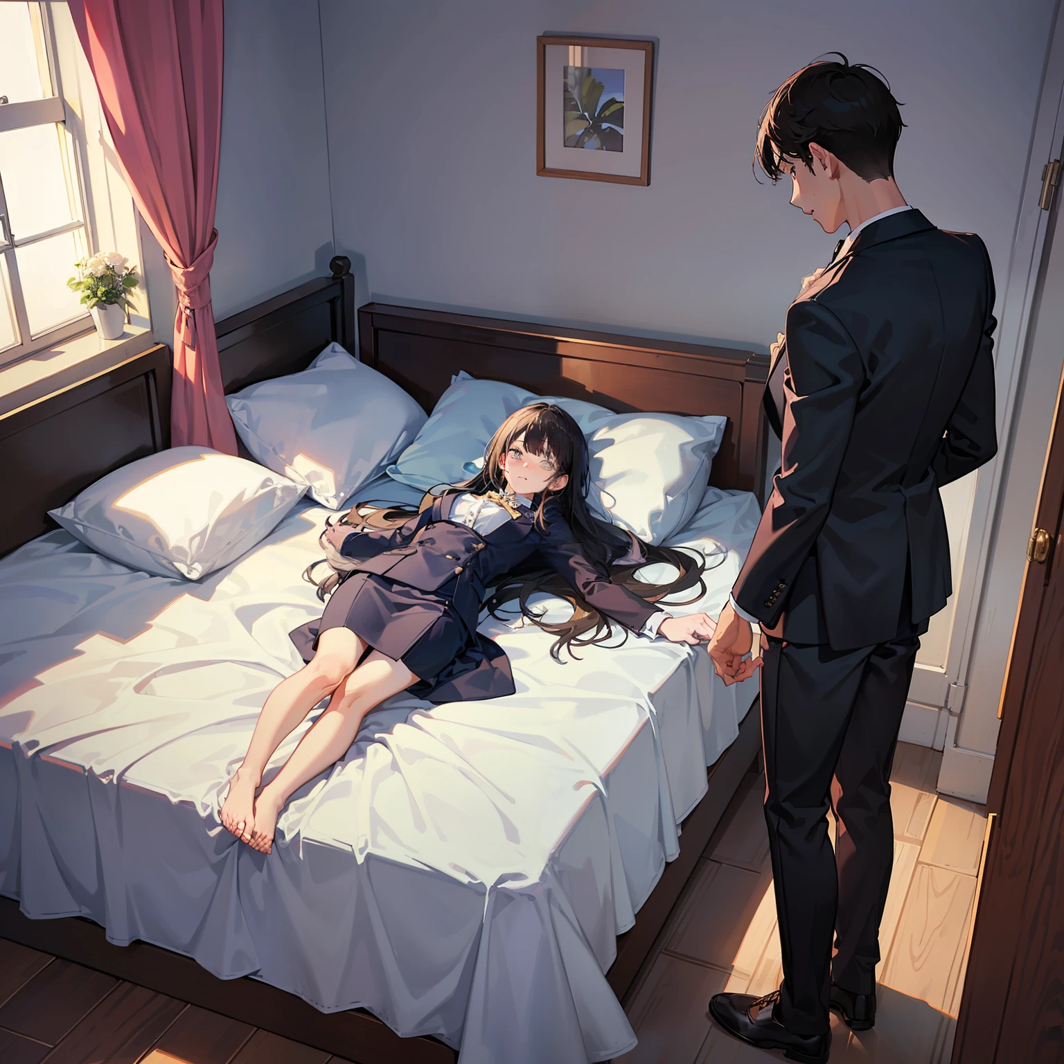 (A man in a suit stands next to the bed 1.8)
(1.7 in the bedroom)
(A woman lying in bed 1.9)
(Night 1.7)