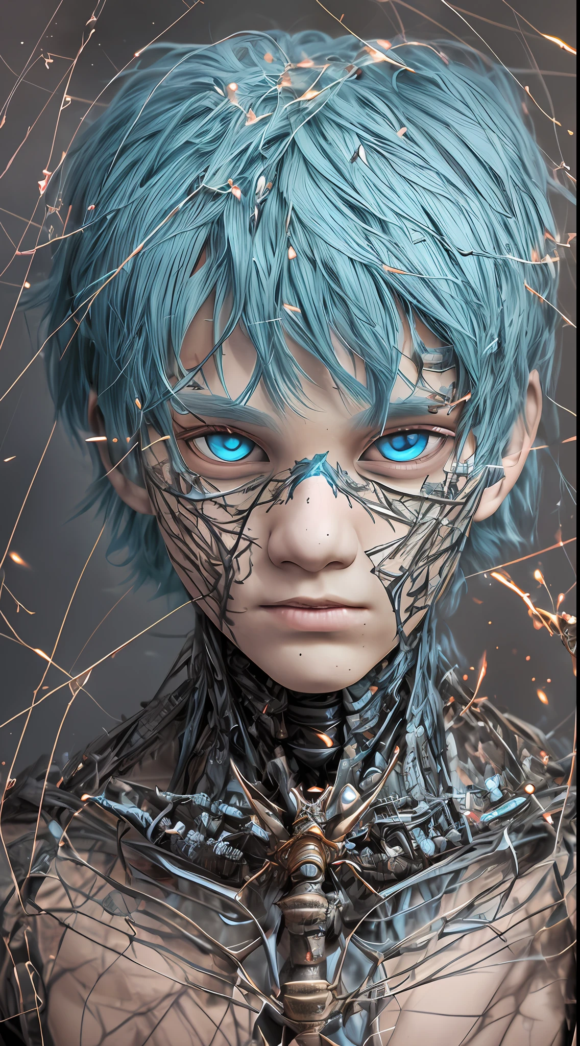 A humanoid boy with a cracked cyan face and red eyes, in the style of twisted branches, vray tracing, made of insects, burning/ charred, technological design, supernatural creatures, realistic human figures, subsurface fireflies, burning blue cotton hair --auto