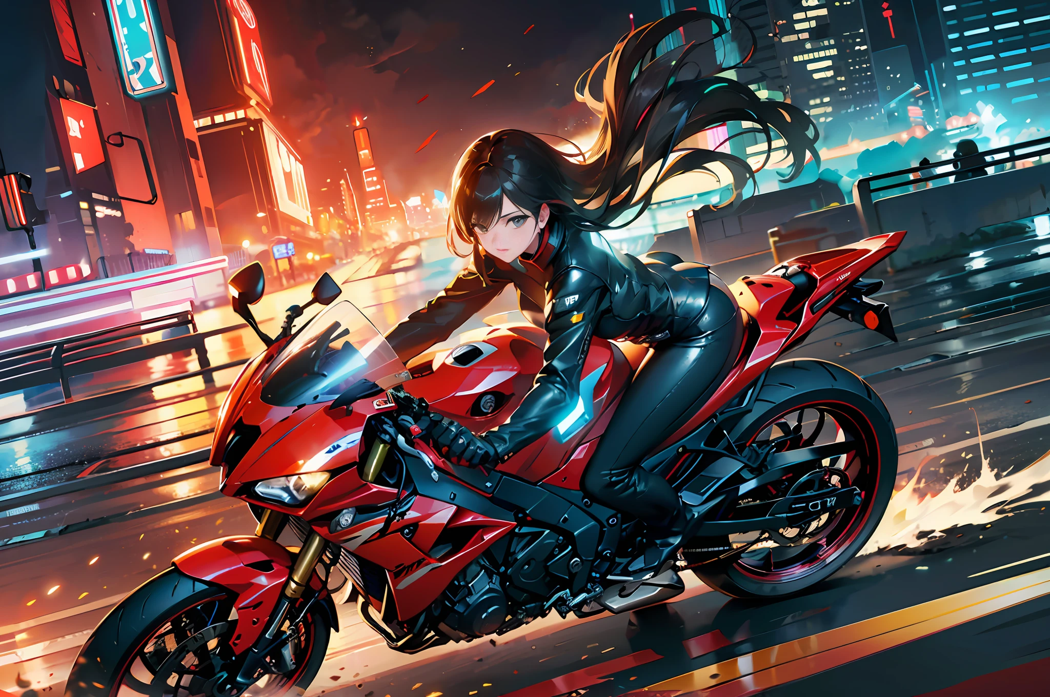 (8K),(Photorealistic:1.4),Masterpiece, Best Quality,1Girl on a large motorcycle with glowing rear wheel of cyber sports type with big red full cowl, Wide angle, solo, Black riders with fluorescent blue lines, thighs, black hair knotted, black eyes, (cyber futuristic city), highway, machine, automobile, motorcycle, panorama, speedline, Motion blur, depth of field, perspective, panorama, floating hair, night, neon trim, turning due to sudden braking, smoke from motorcycle drifting tires, (light line of motorcycle tail lamp), dynamic composition, turning around the front wheel, sense of speed, (motorcycle sink shot), flowing neon lights, (smoke from the rear wheel of the bike), (discharge to the back of the bike: 1.2), A motorcycle leaning parallel to the ground flows in the back of the screen (motorcycle tires emit lightning: 1.4), (motorcycle wheels glow)