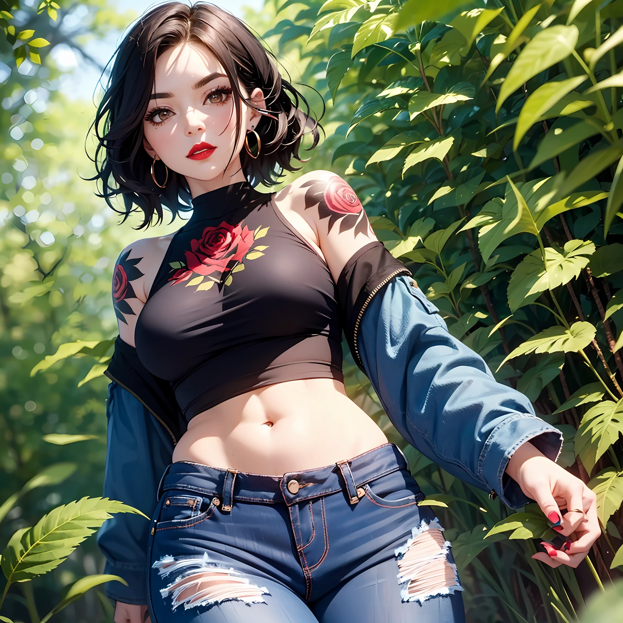 A grown woman, short wavy hair, brown eyes, ear piercings, red lipstick, thick, pointy eyebrows, wearing a blue top and black jeans, rose tattoos on her arms, walking in a park, sunlight casting shadows of the leaves on her