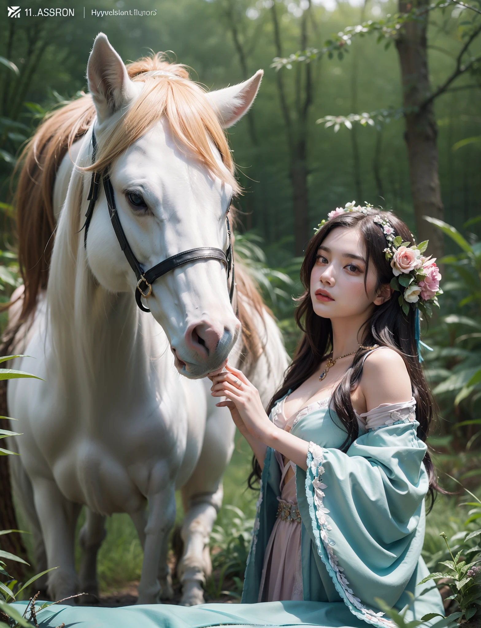 Masterpiece Photography ultra realistic, hyper details, hyper realistic, 4k, 8k, 12k, The Enchanting Forest Nymph and the Majestic Unicorn: A captivating woman, her flowing hair woven with delicate flowers, stands beside a resplendent unicorn. Their ethereal presence fills the forest glade with an aura of enchantment and serenity.