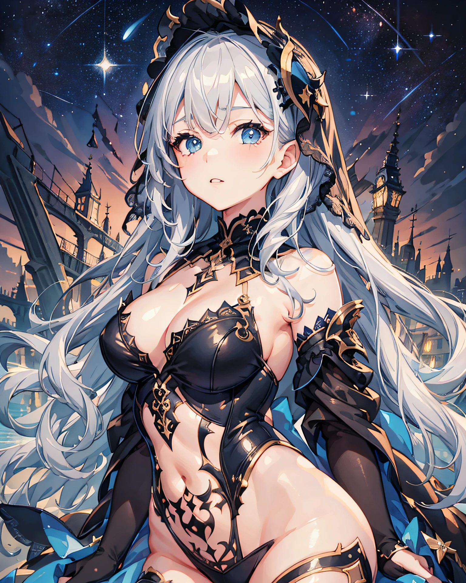 1 girl, (((ultra-detailed))), ((masterpiece)), ((illustration)), sensual, starlight saintess, black ornate dress, curvaceous woman, head veil, long silver hair, fair skin, droopy eyes, starry eyes like the night sky, bust up, facing forward