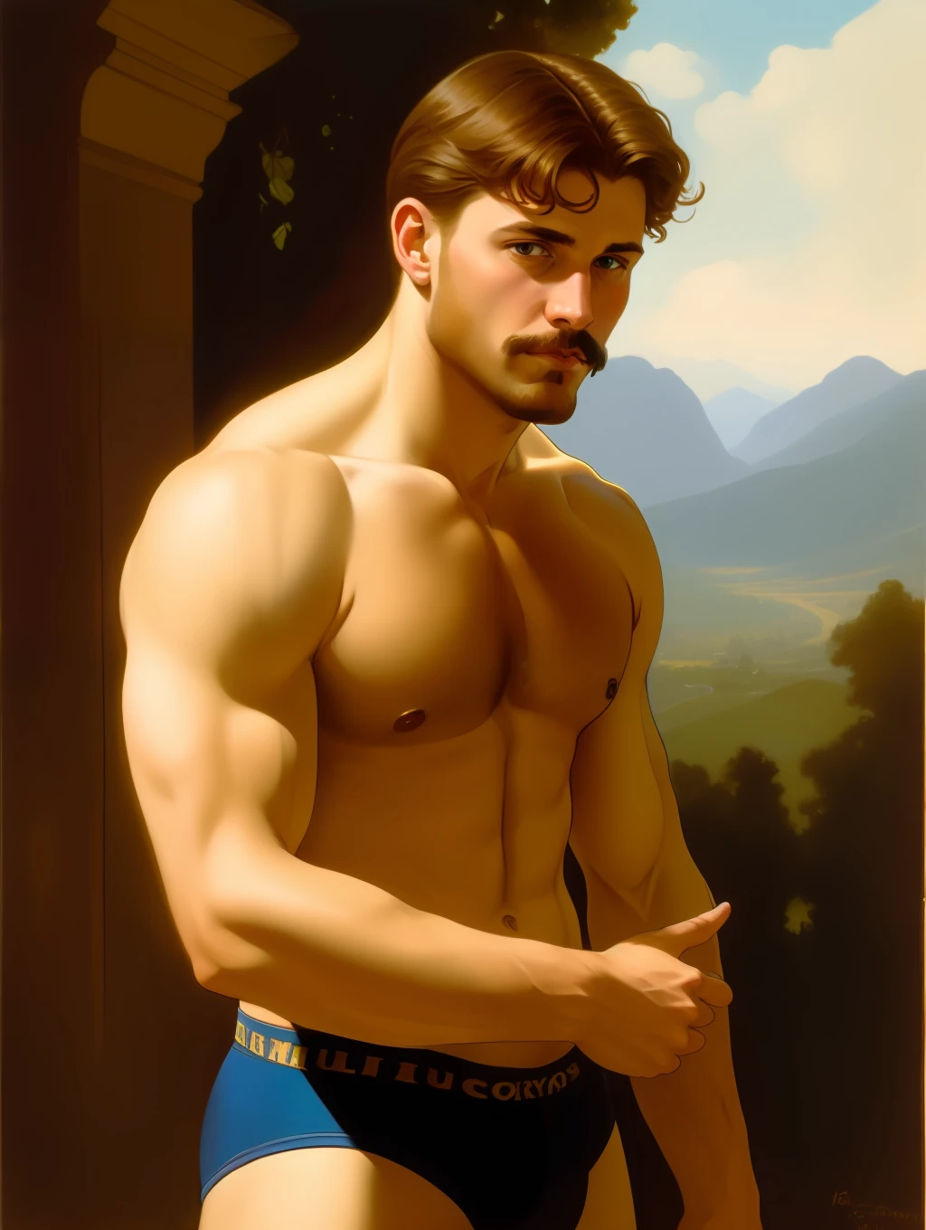 ruggedly handsome young man wearing a tight white jockstrap muscular, chest hair, mustache, shirtless, masterpiece, best quality, highres, realistic, dynamic action poses, countryside background, foreshortening, medium shot, ground view, highly detailed symmetrical painting by gaston bussiere, craig mullins, j. c. leyendecker, alphonse mucha. cinematic epic + rule of thirds. cinematic composition. concept art. ultra wide angle. 35mm. 8 k, masterpiece, best quality, highres, realistic, twink