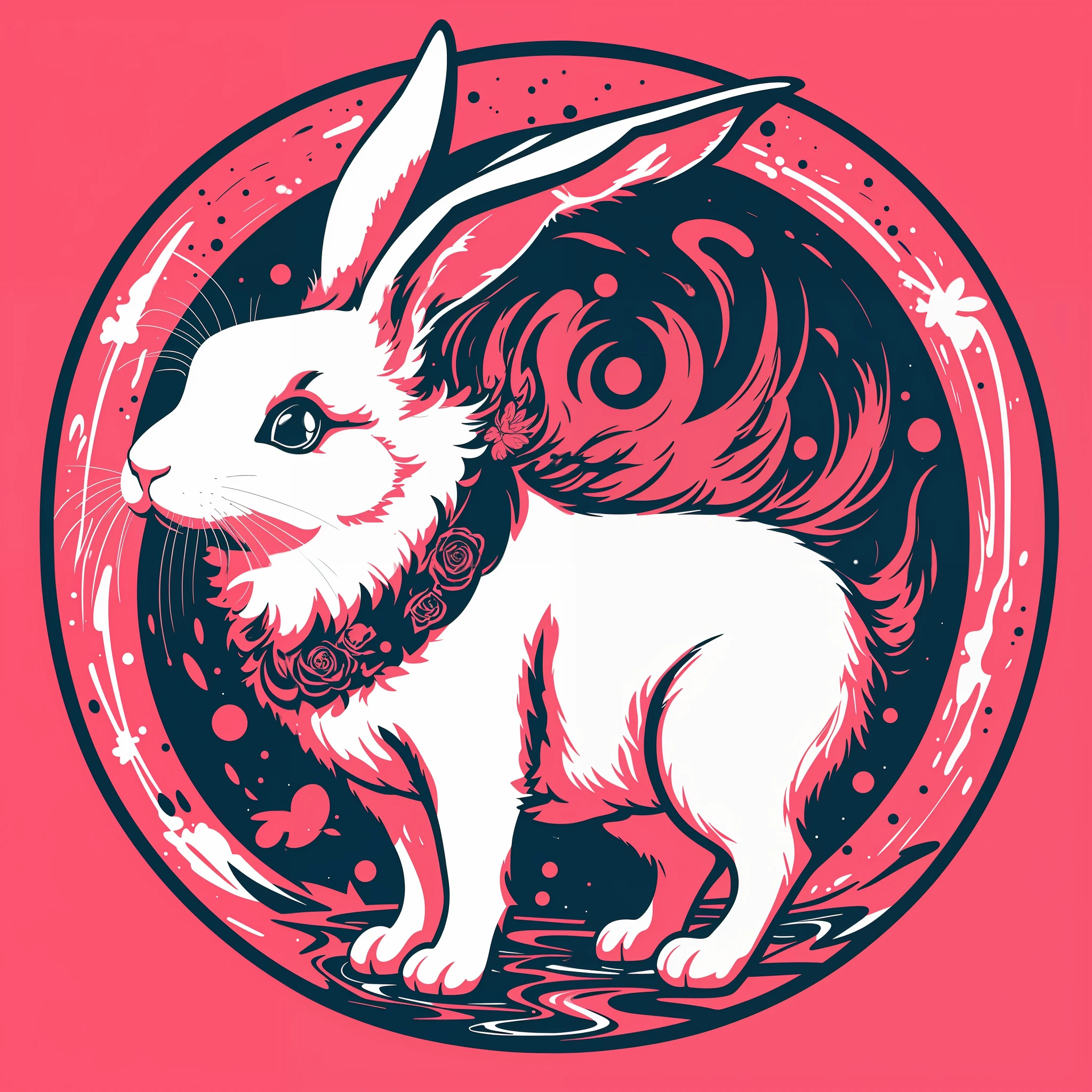 [White Rabbit and Black Rabbit] circular heraldic silhouette, logo masking style illustration, Dan Mumford, Greg Lutkowski, James Jean, pink background, fantasy art, mysterious, realistic, majestic, rich vivid colors, high contrast, seamless water brand, art station, devian art, dribbling, red bubble, Tee public, sharp focus, simple, hyper detail, detailed drawing, vectorization, outline, isometric style, 8k.