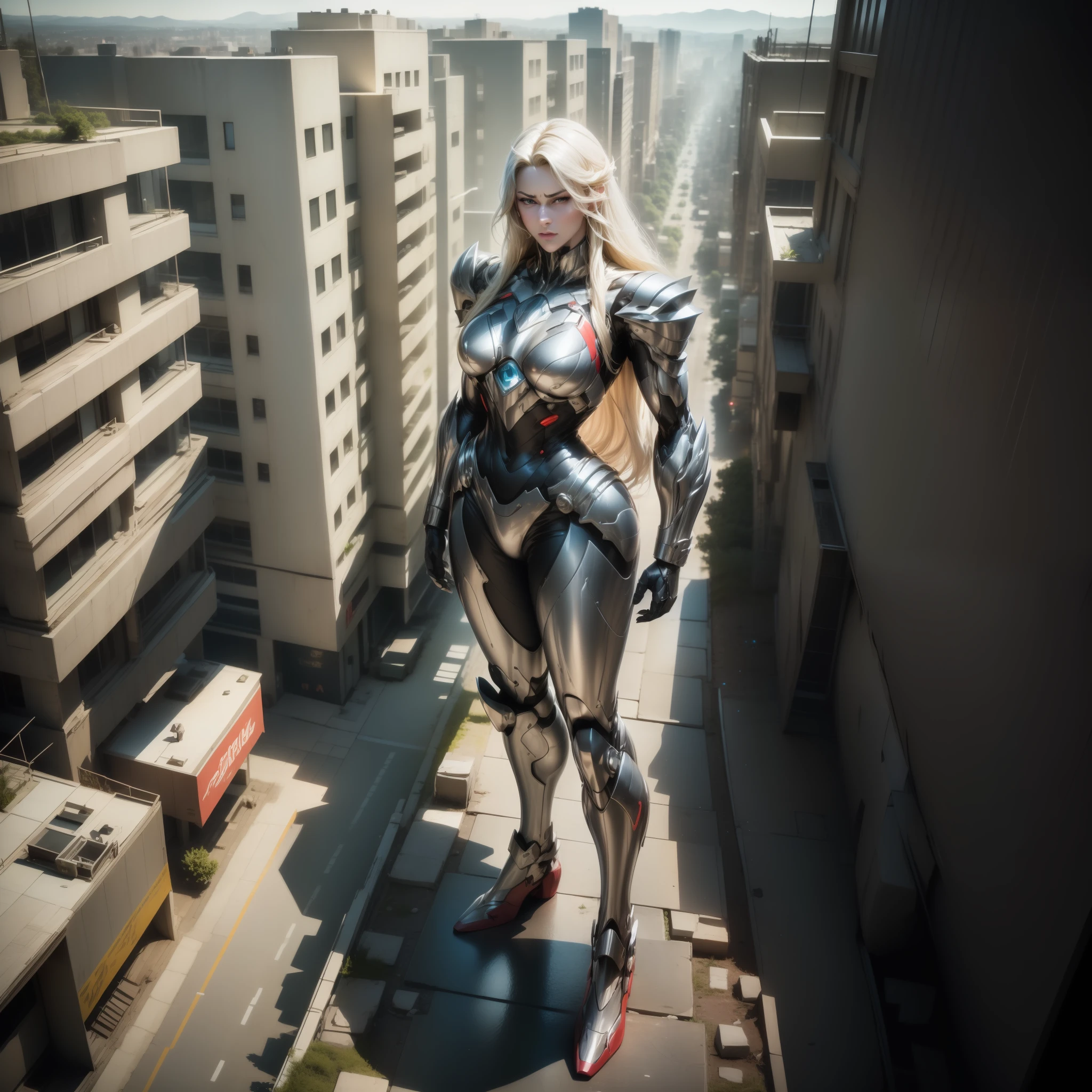 (Masterpiece, Superb Quality, Super Delicate, High Resolution), Male Focus, (((Female Giant))), ((No Muscles))), (She has long blonde hair, her body is made of red and silver, her arms are streamlined, she looks tall and thin, the overall look is streamlined and modern), (standing pose), pose for photos, top view, city ruins, background details, ((((whole body))), from above, solo, ((((sense of greatness))