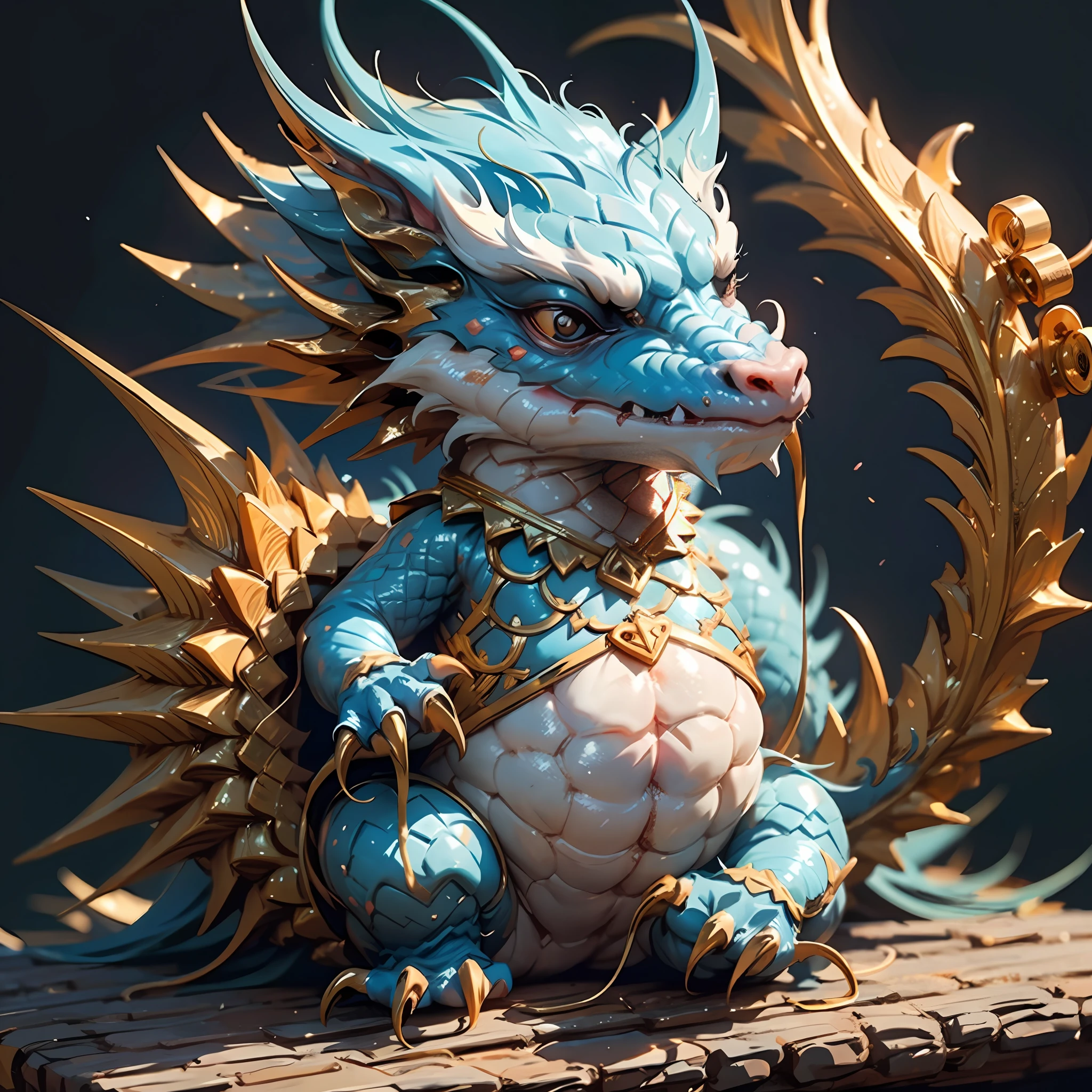 Chubby baby dragon, small, cute, sitting, detailed, shiny skin, gradient, depth of field, deep shadow, (gloomy: 1.4), (8k, RAW photo, best quality)