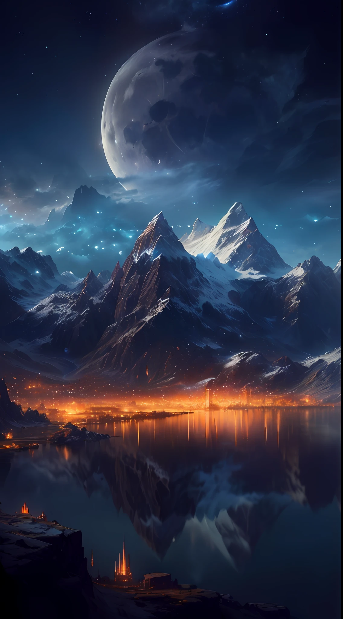 mountains and a lake with a moon in the sky, 4k highly detailed digital art, 4 k hd wallpaper very detailed, impressive fantasy landscape, sci-fi fantasy desktop wallpaper, unreal engine 4k wallpaper, 4k detailed digital art, sci-fi fantasy wallpaper, epic dreamlike fantasy landscape, 4k hd matte digital painting, 8k stunning artwork