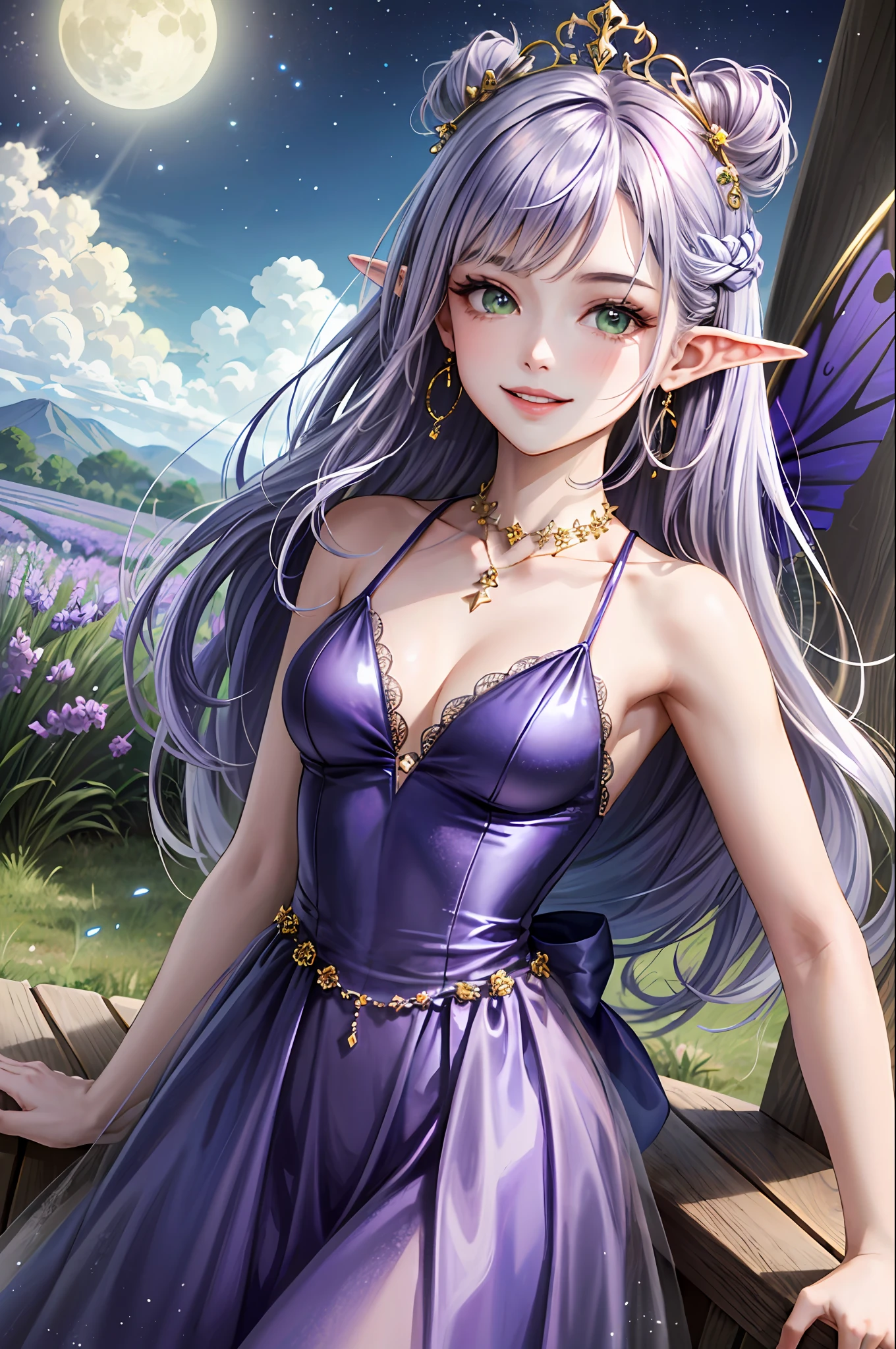 (face focus), studded with lavender flowers, (1 girl, woman, solo, pale skin, cute), (straight hair, purple hair, green eyes, cute face, smile), fairy girl, fairy wings, pale purple long dress, lavender bouquet, fairy, elven ears, fairy wings, golden tiara, lavender, lavender hair ornament, lavender field, fairy feathers on the back, good night, sleep, earrings, full moon, night