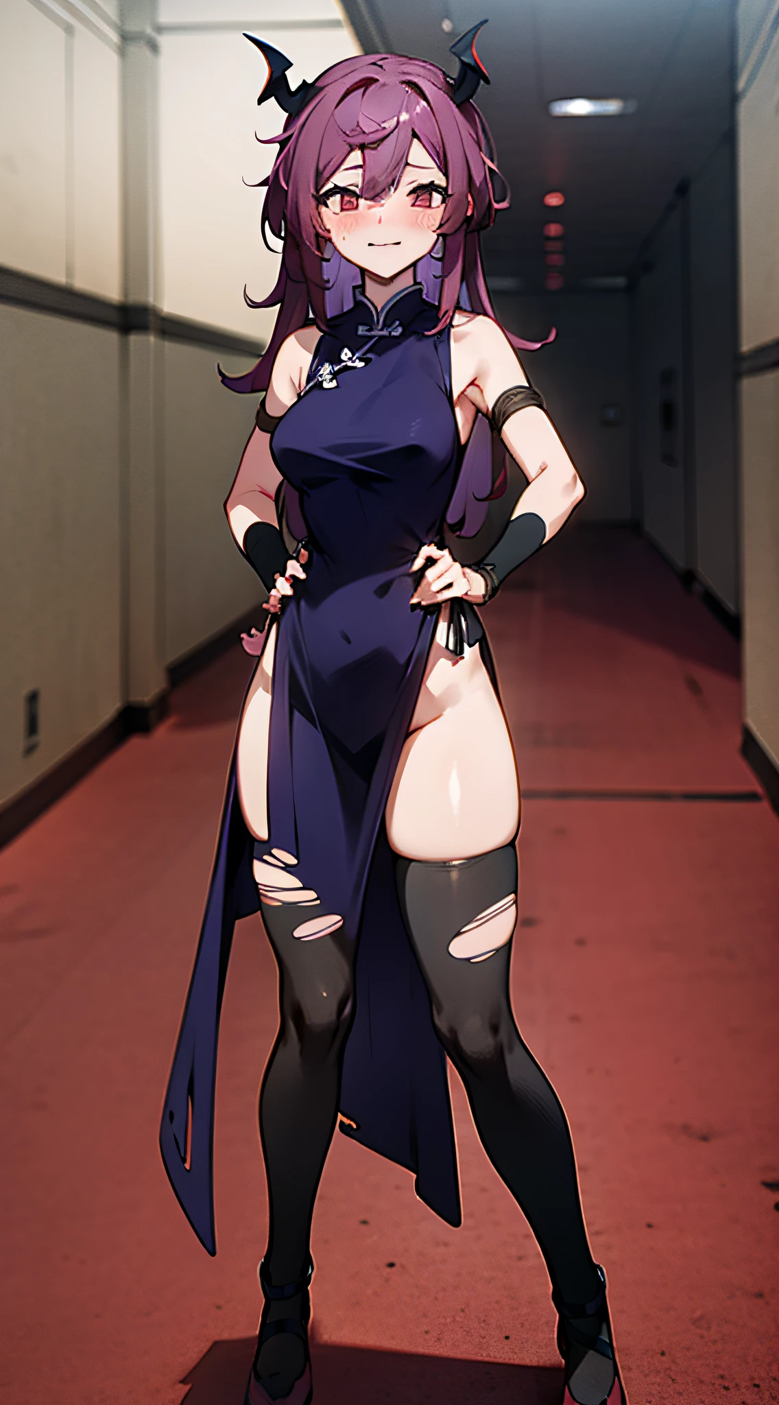 1 girl, solo, room, looking at the audience, blushing, hair bangs, indoor, dress, hair between eyes, shut up, lying down, breasts exposed, thighs, hands on hips, no panties, chinese clothes, porcelain dress, solid color dress, indoors, clothes torn, indoors, big breasts, bondage, open legs, outdoors, origin, solo, long hair, looking at the audience, black over-the-knee socks, bare shoulders, succubus, torn clothes, torn tights, indoor, bondage, black stockings,