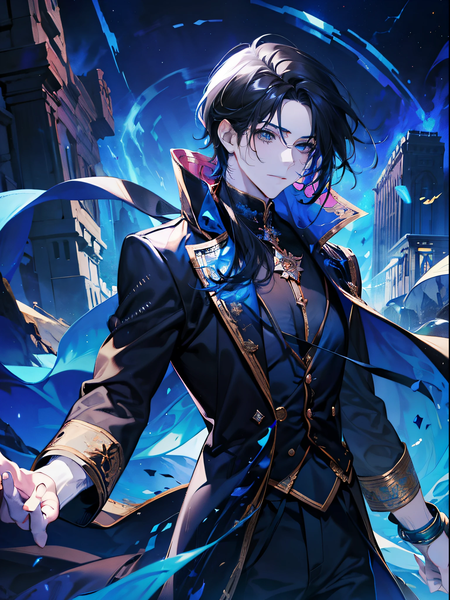 A boy, handsome, fair-skinned, resolute eyes, flowing long black hair, blue eyes, powerful, black dress, ancient style, streamer surrounding, 8k, thunder, flame, colorful light, starry sky, cracked, milky way, whole body