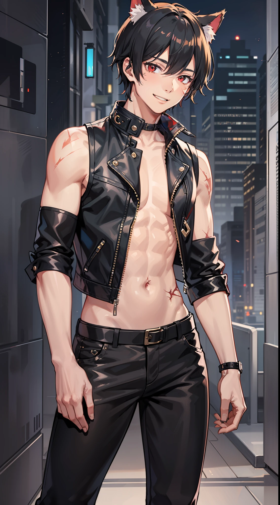 Young guy, short black hair, red eyes, cat ears, leather vest, open torso, pants, scars, smile, masterpiece, high quality