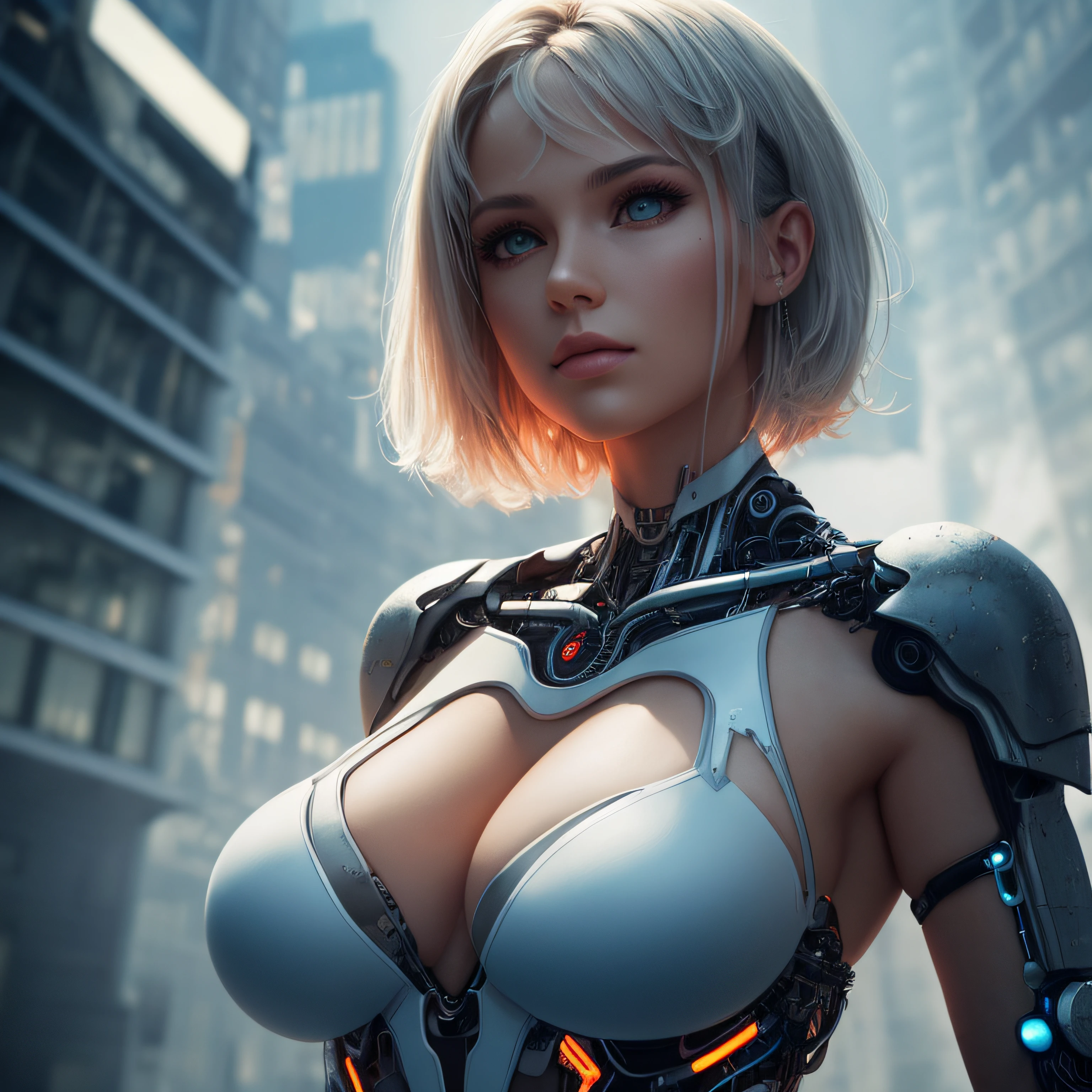 As a Yael Shelbia, realistic photography, photorealistic, realism, contrast, photography, masterpiece, cyborg, cyberpunk, ethereal beauty, ethereal, ultra realistic, 3d, 3d rendering, porcelain, Best quality, human anatomy, real hair, short hair, Asymmetrical Cut Hair, moving hair, huge breasts, human anatomy, posing for photo, translucent, (ethereal, Dream), formidable, 8k wallpaper, Realistic Textures Dramatic Lighting, Trending at Art Station Cinestill 800 --auto