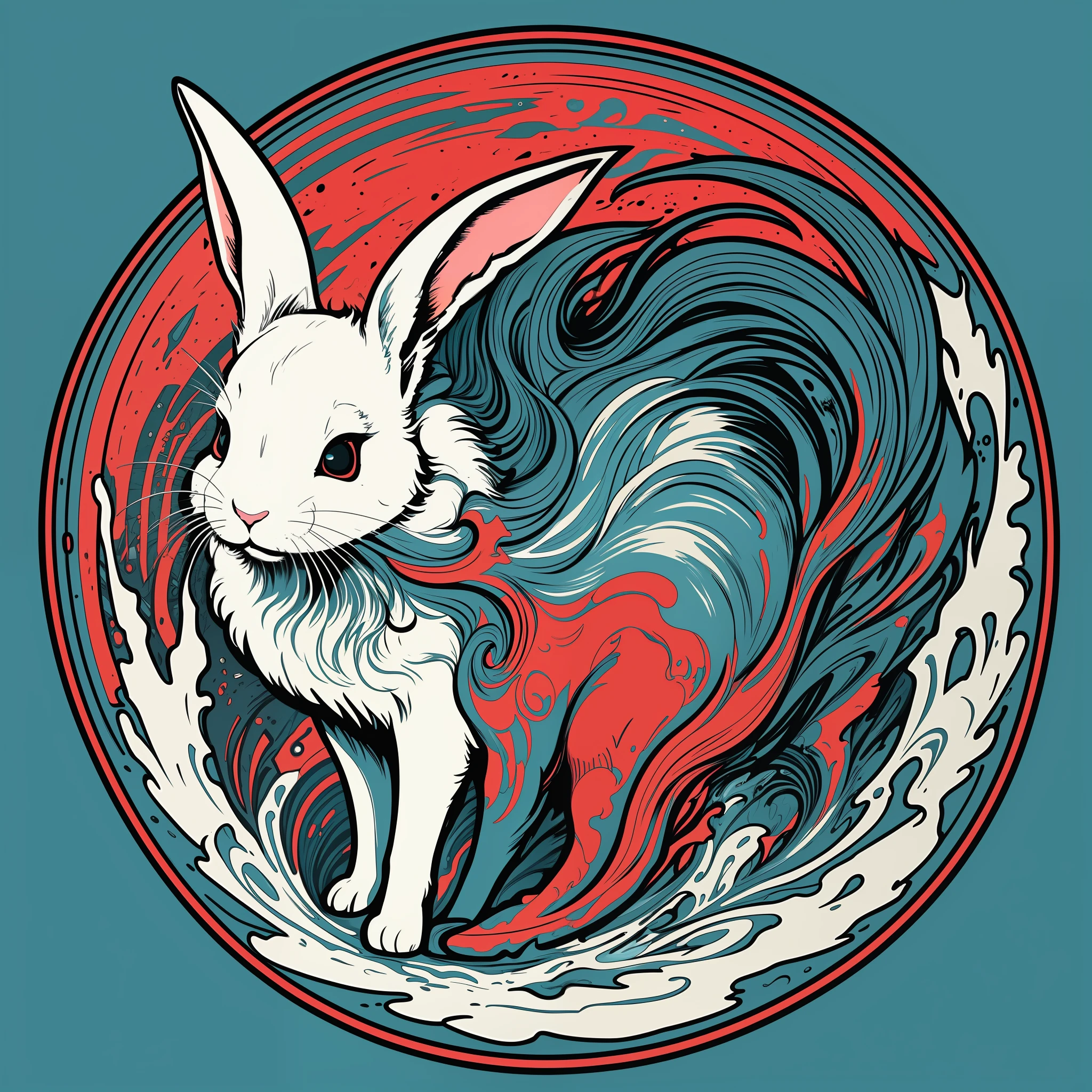 [White Rabbit] circular heraldic silhouette, logo masking style illustration, Dan Mumford, Greg Rutkowski, James Jean, black background, fantasy art, mysterious, realistic, majestic, rich vivid colors, high contrast, seamless water brand, art station, deviant art, dribbling, red bubble, tea public, Sharp Focus, Simple, Hyper Detail, Detailed Drawing, Vectorization, Outline, Isometric Style, 8K.