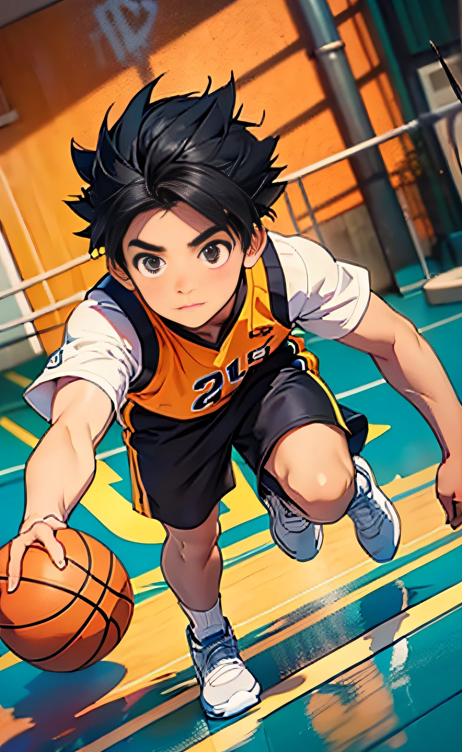 Illustration, First Person View, f/1.2, Retina, Ultra HD, High Quality, Best Quality , a boy wearing shorts and short sleeves, white socks, playing basketball on basketball court, speed, black hair, big eyes, round face, black eyes, shyness