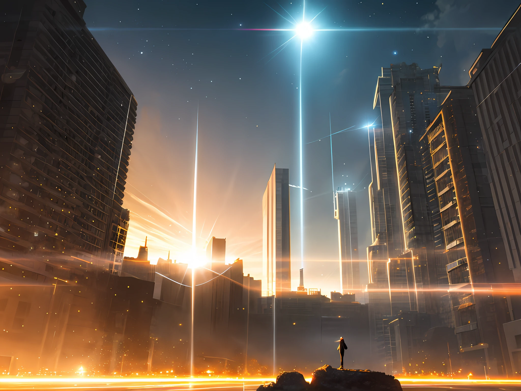 long shot, landscape background, (at night:1.2), ((Cinematic lighting)), ((dramatic lighting)), intricate detail, lens flare