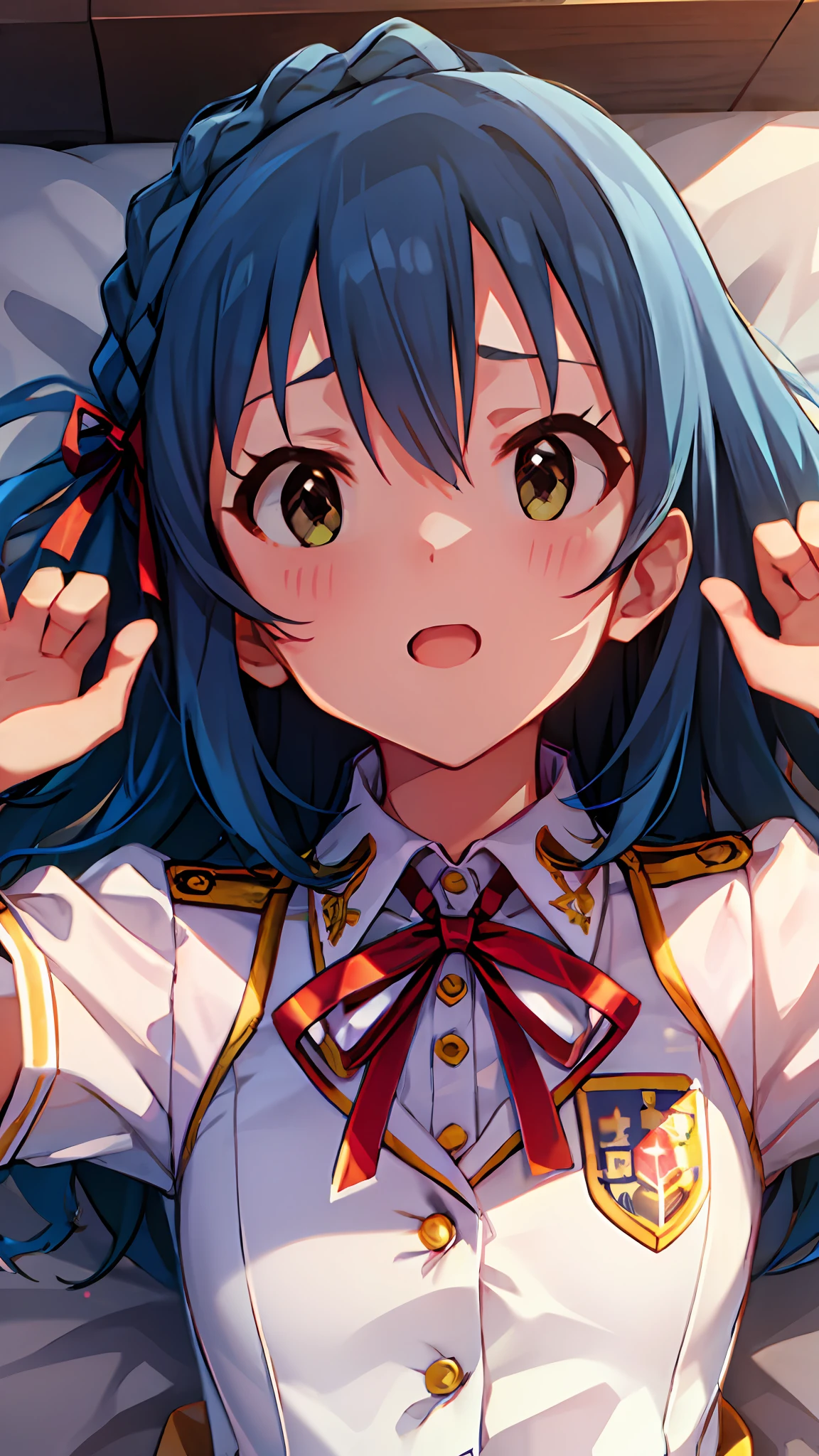 Yuriko Nanao (Million Live), (Top Quality, 8K, Masterpiece, Super Detail: 1.2), Cinematic Angle, Wide Shot, 1 Girl, Solo, Skirt, Watch Audience, Sailor Color, Pleated Skirt, Short Sleeves, School Uniform, Blush, Serafuk, Clavicle, Ribbon, Upper Body, Adjusted Hair, Wind, Floating Hair, Spread Your Arms, Chest Out, Despair Face, Night, Lie Down.