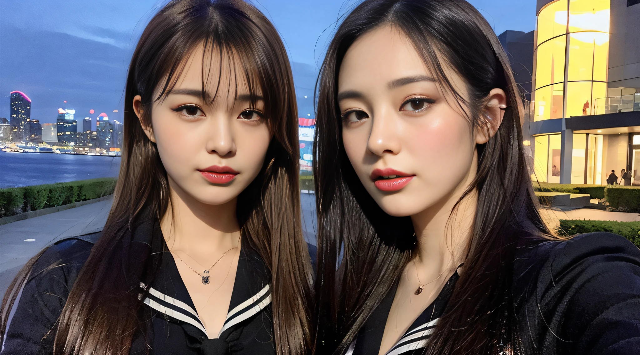 (8k, RAW photo, highest quality, masterpiece: 1.2), ultra detailed, super resolution, (realistic, real photo: 1.37), portrait, high resolution RAW color photo, (City Night View, Building: 1.3)), very detailed and beautiful, (looking over here with tongue out), cute pose, white skin, fair-skinned woman proofreading, super high quality, 8k wallpaper, amazing details, face, different patterns, brown hair shining in the light, one is a ponytail, cute schoolgirl of today, very detailed face very detailed eyes, very realistic skin, very detailed fingers, very detailed nose, very detailed mouth, perfect anatomy, very detailed sailor suit, very detailed background,ru, famous Japan idol, cute, realistic body, slender, white skin, glowing skin, slim body, long straight hair, (dull bangs: 1.2), (pink eye shadow) ((with a picture of a heart under the eyes)) heart, ♡