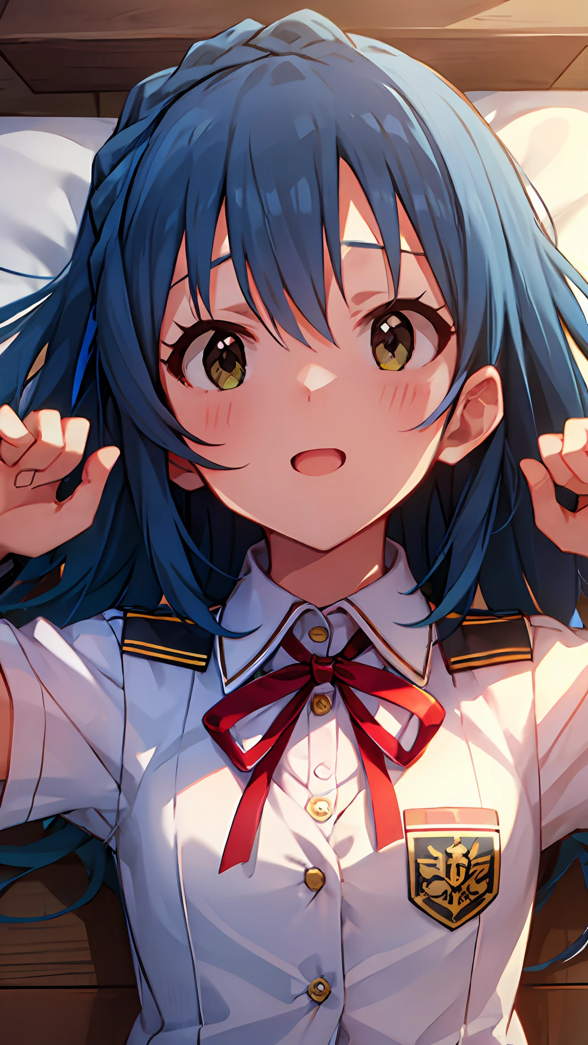 Yuriko Nanao (Million Live), (Top Quality, 8K, Masterpiece, Super Detail: 1.2), Cinematic Angle, Wide Shot, 1 Girl, Solo, Skirt, Watch Audience, Sailor Color, Pleated Skirt, Short Sleeves, School Uniform, Blush, Serafuk, Clavicle, Ribbon, Upper Body, Adjusted Hair, Wind, Floating Hair, Spread Your Arms, Chest Out, Despair Face, Night, Lie Down.