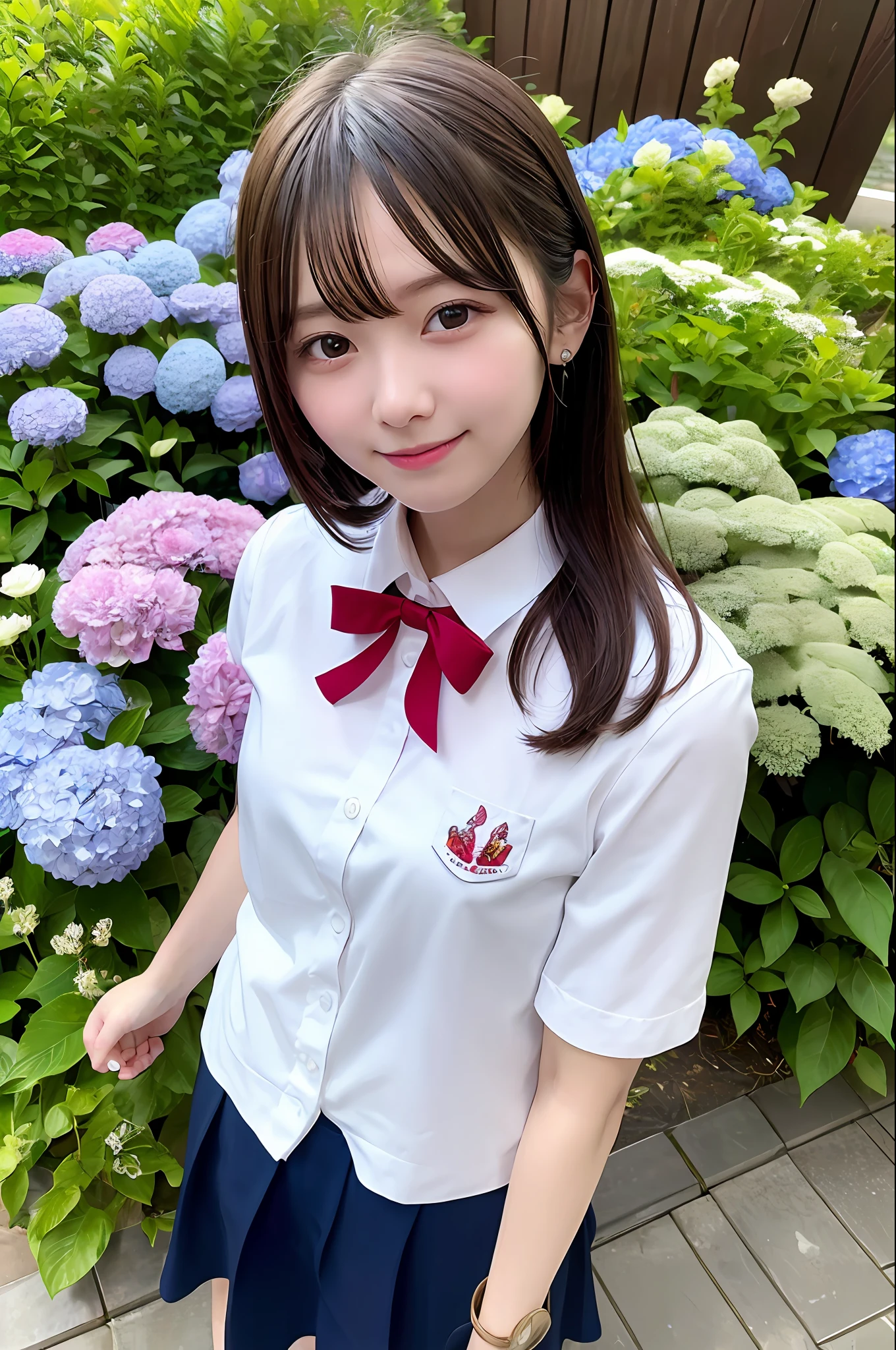 (masterpiece, top quality, super detail: 1.6), illustration, 1 girl, solo, red eye, hair flower, uniform, seravuk, hydrangea, garden, from above, live action, smile