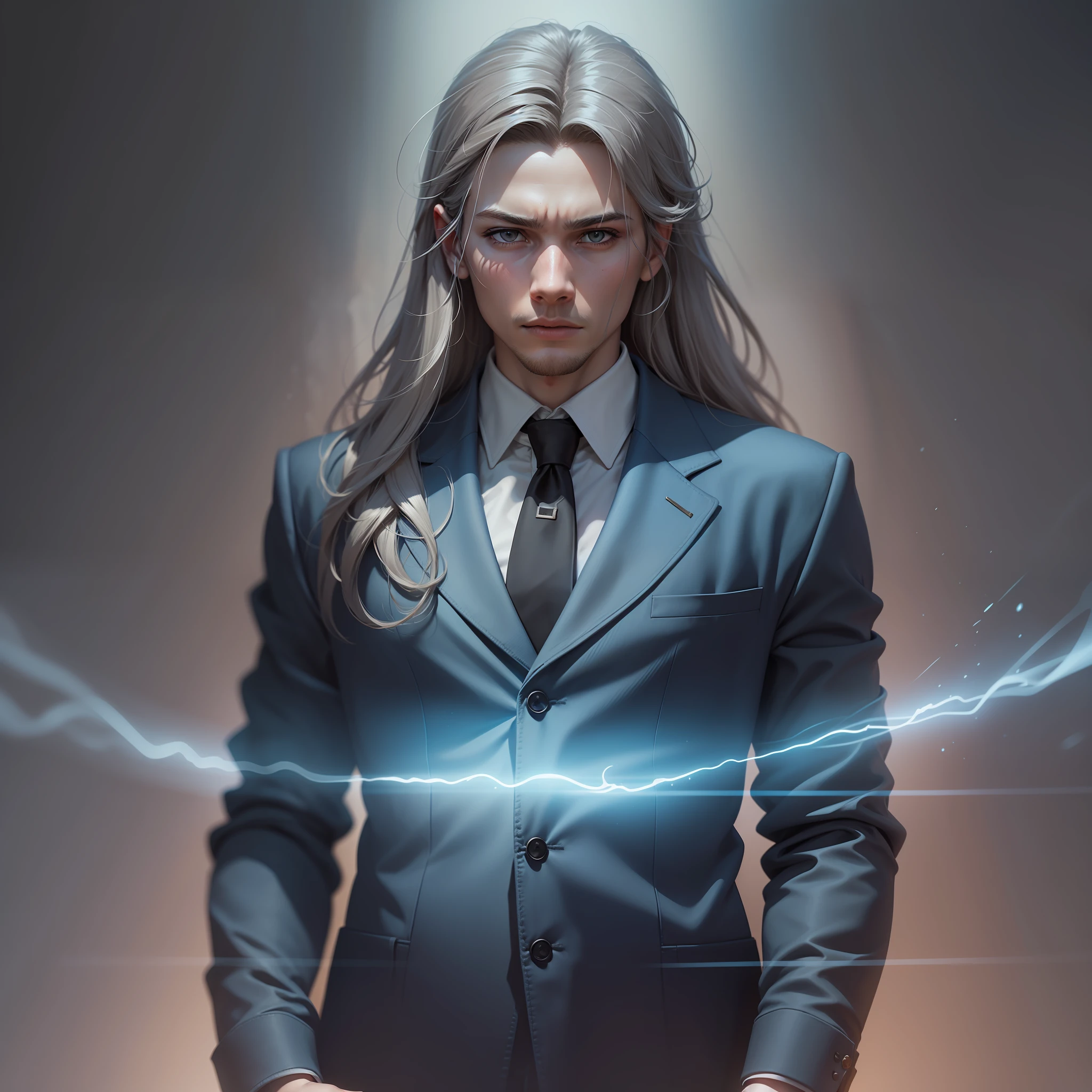 Fantasy Art, Photo Realism, Dynamic Lighting, ArtStation, Poster, Volumetric Lighting, Very Detailed Faces, 4 K, Award-Standing, 1boy, In the Dark, Deep Shadows, Low Key, Denim Photos, (Formal Wear: 1.4), Long Hair, Gray Hair,