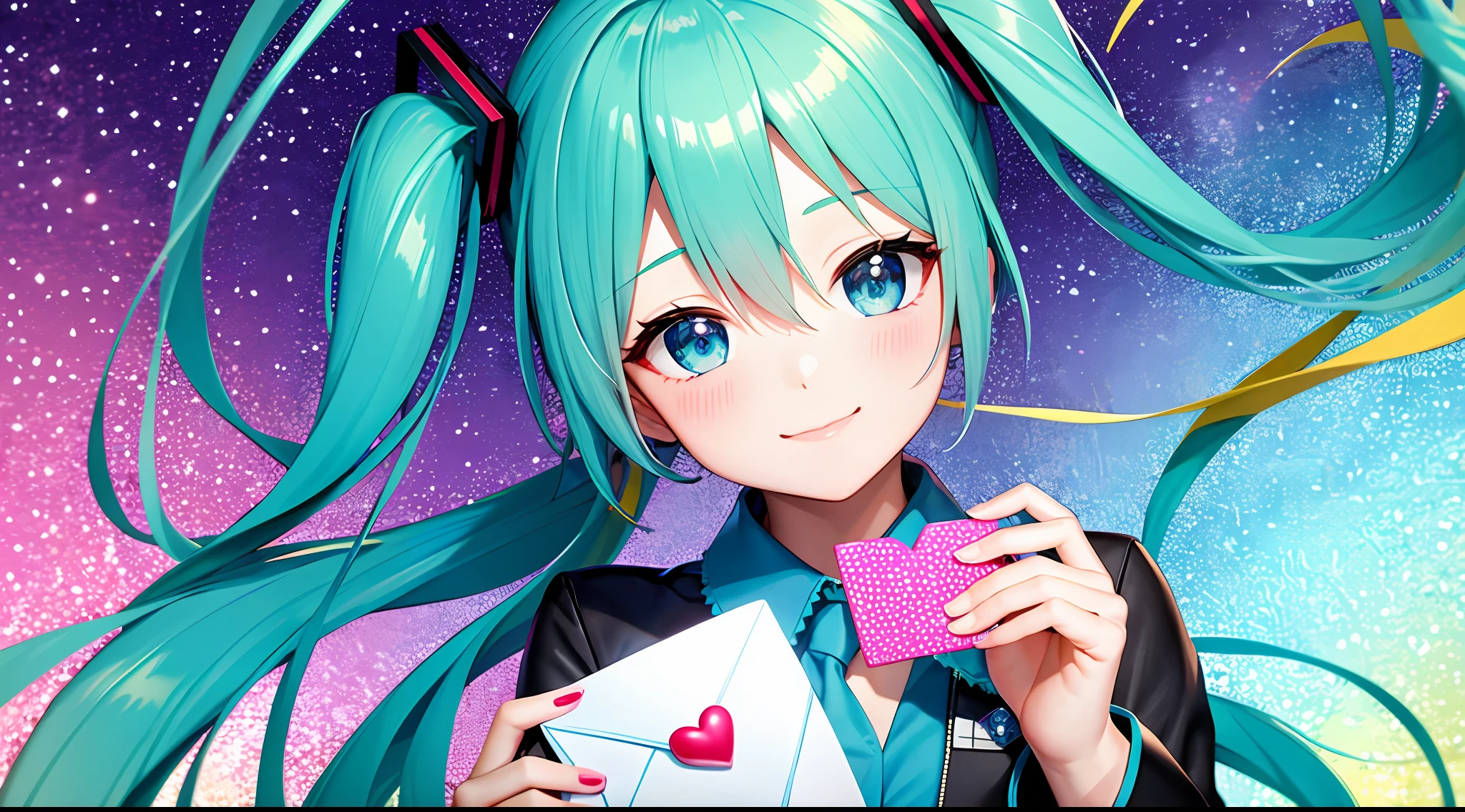 Ultra detailed, masterpiece, highest quality, love letter, pov, smile, hand love letter forward, love letter to attention, blush, hatsune miku, blue translucent long hair, cyberpunk hatsune, solid color dream background,